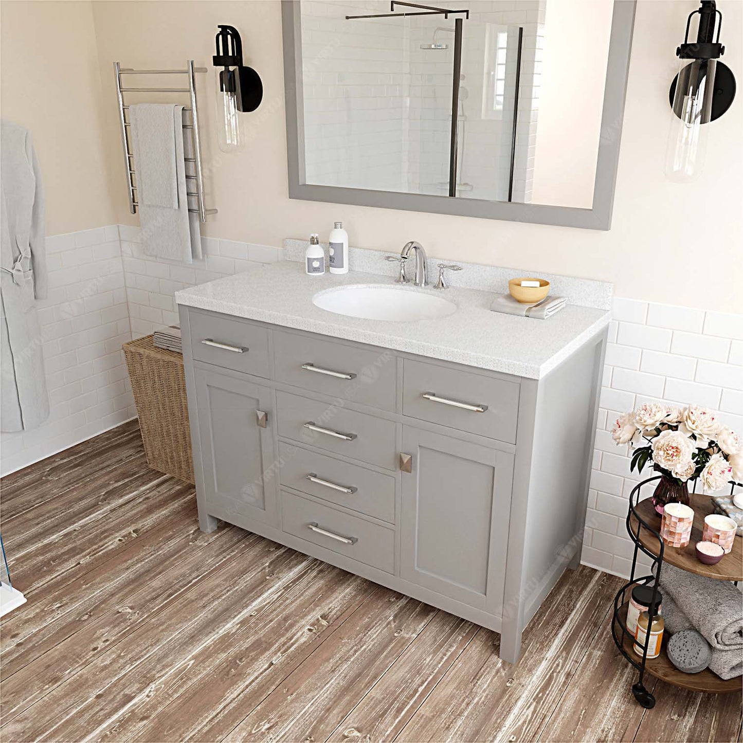 Caroline 48" Single Bath Vanity in Gray with White Quartz Top and Round Sink