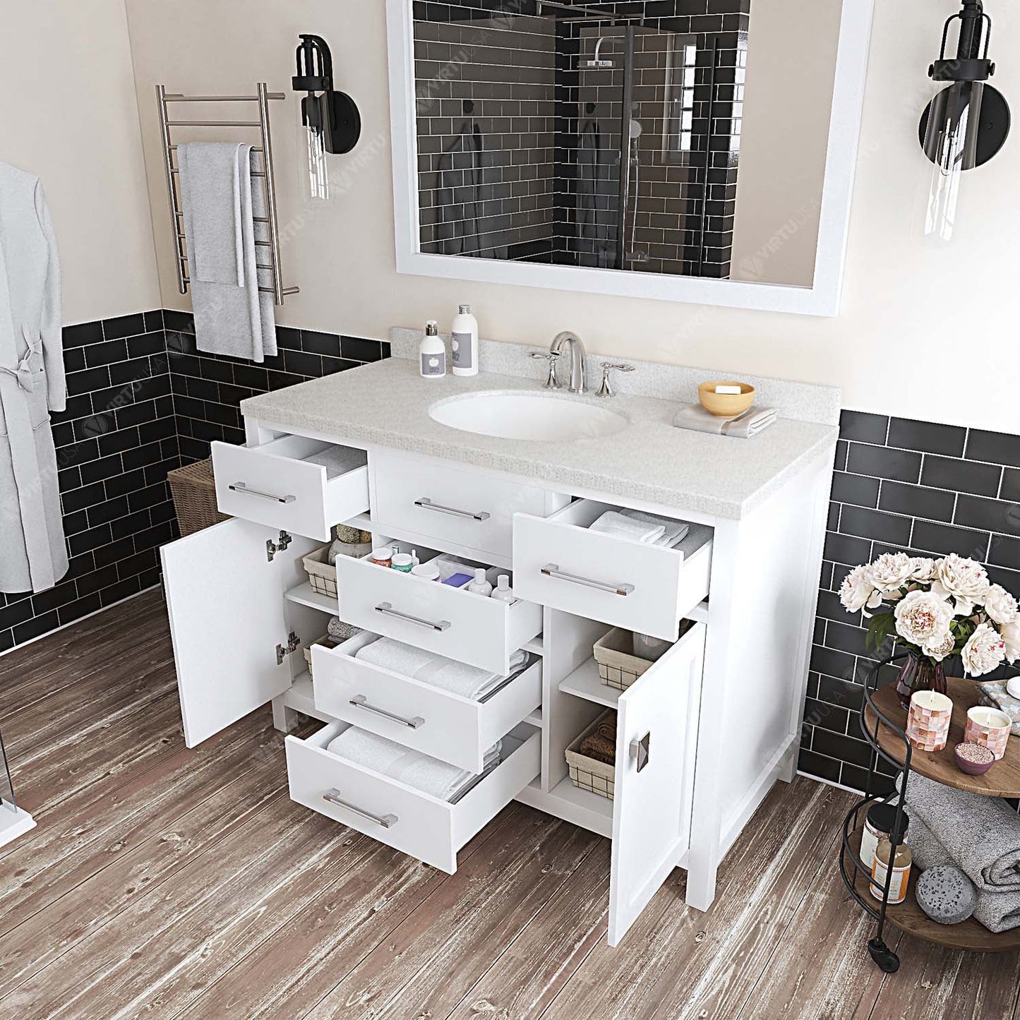 Caroline 48" Single Bath Vanity in White with White Quartz Top and Round Sink