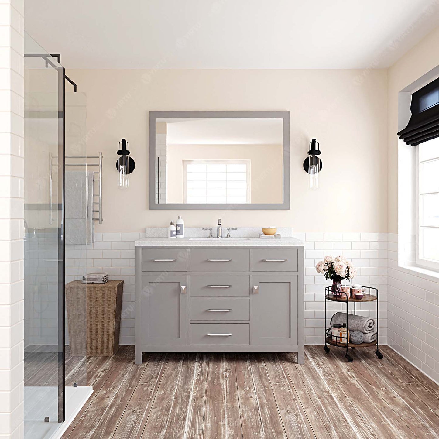 Caroline 48" Single Bath Vanity in Gray with White Quartz Top and Square Sink
