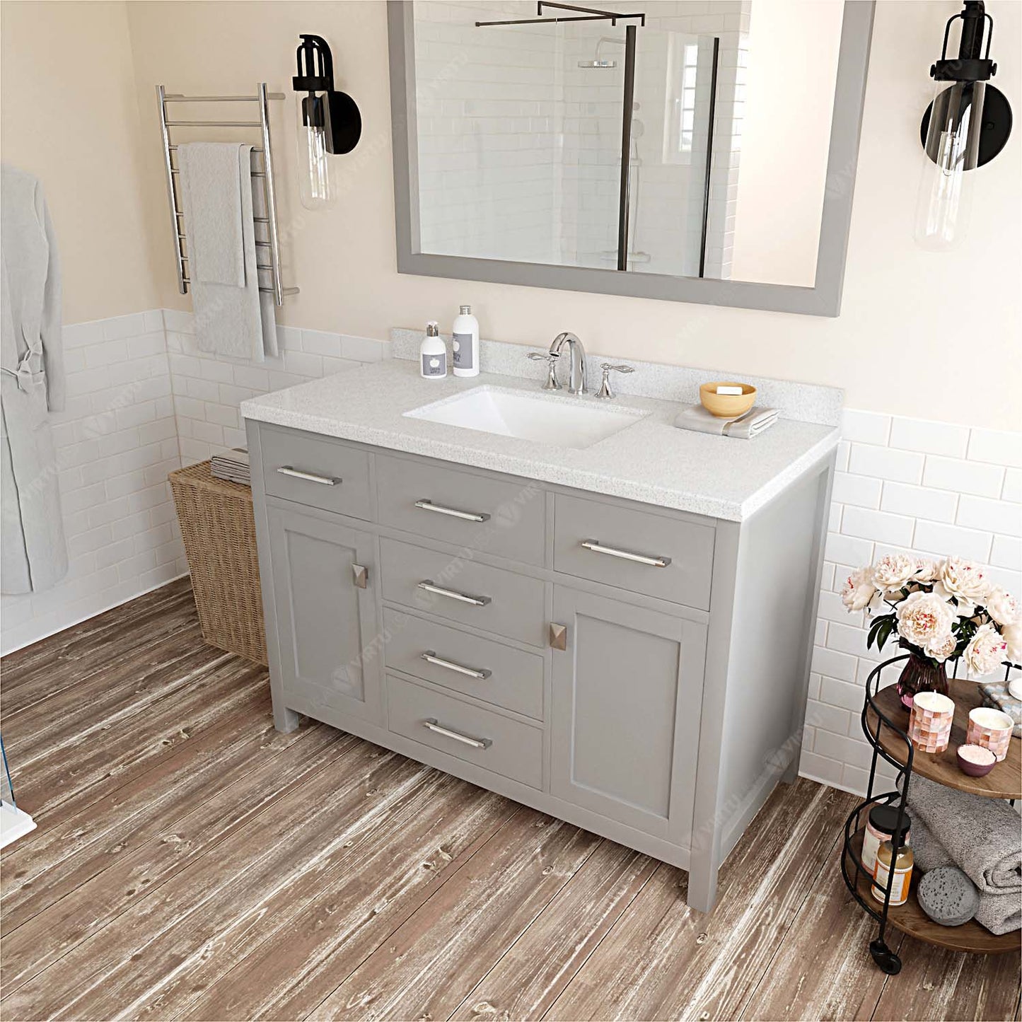 Caroline 48" Single Bath Vanity in Gray with White Quartz Top and Square Sink