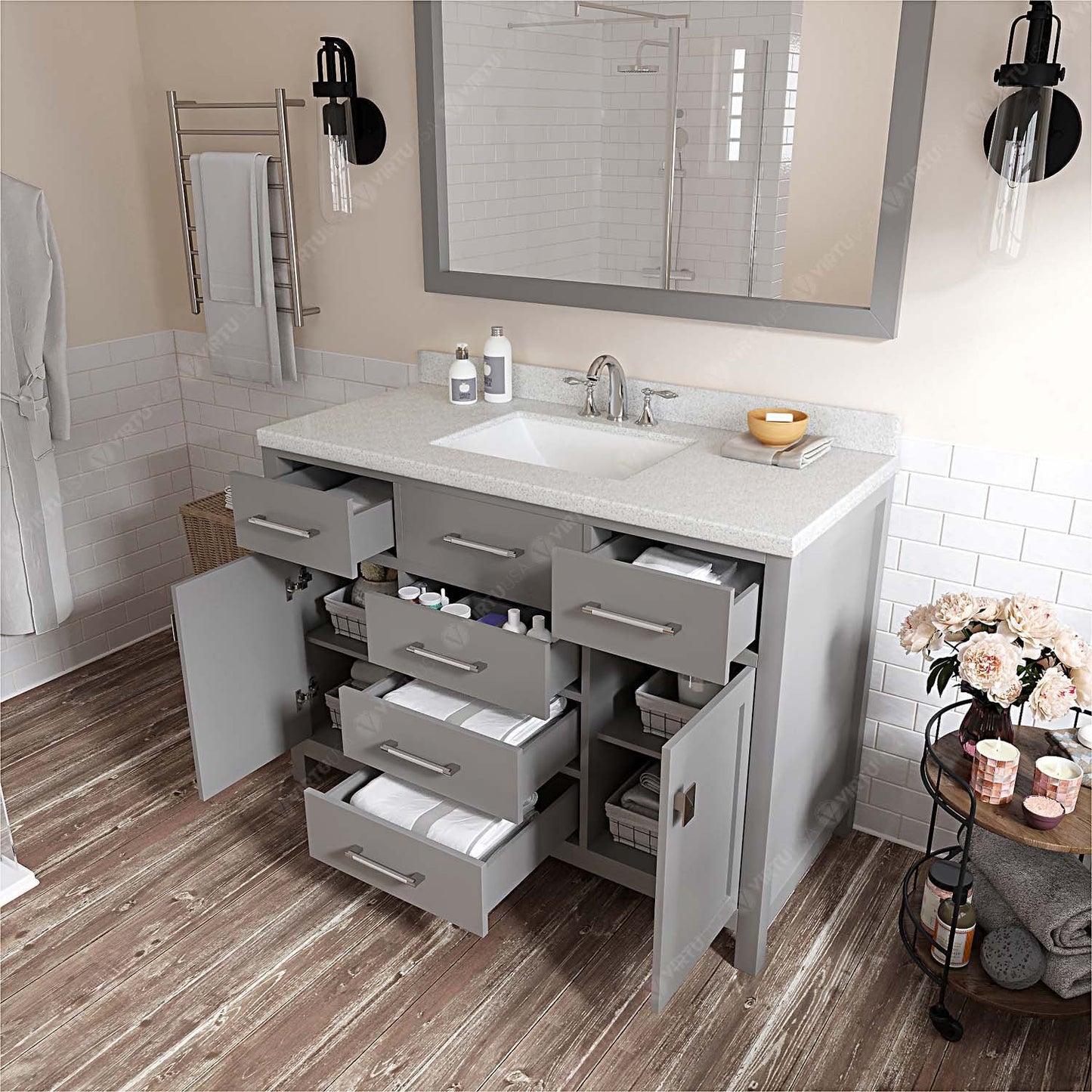 Caroline 48" Single Bath Vanity in Gray with White Quartz Top and Square Sink
