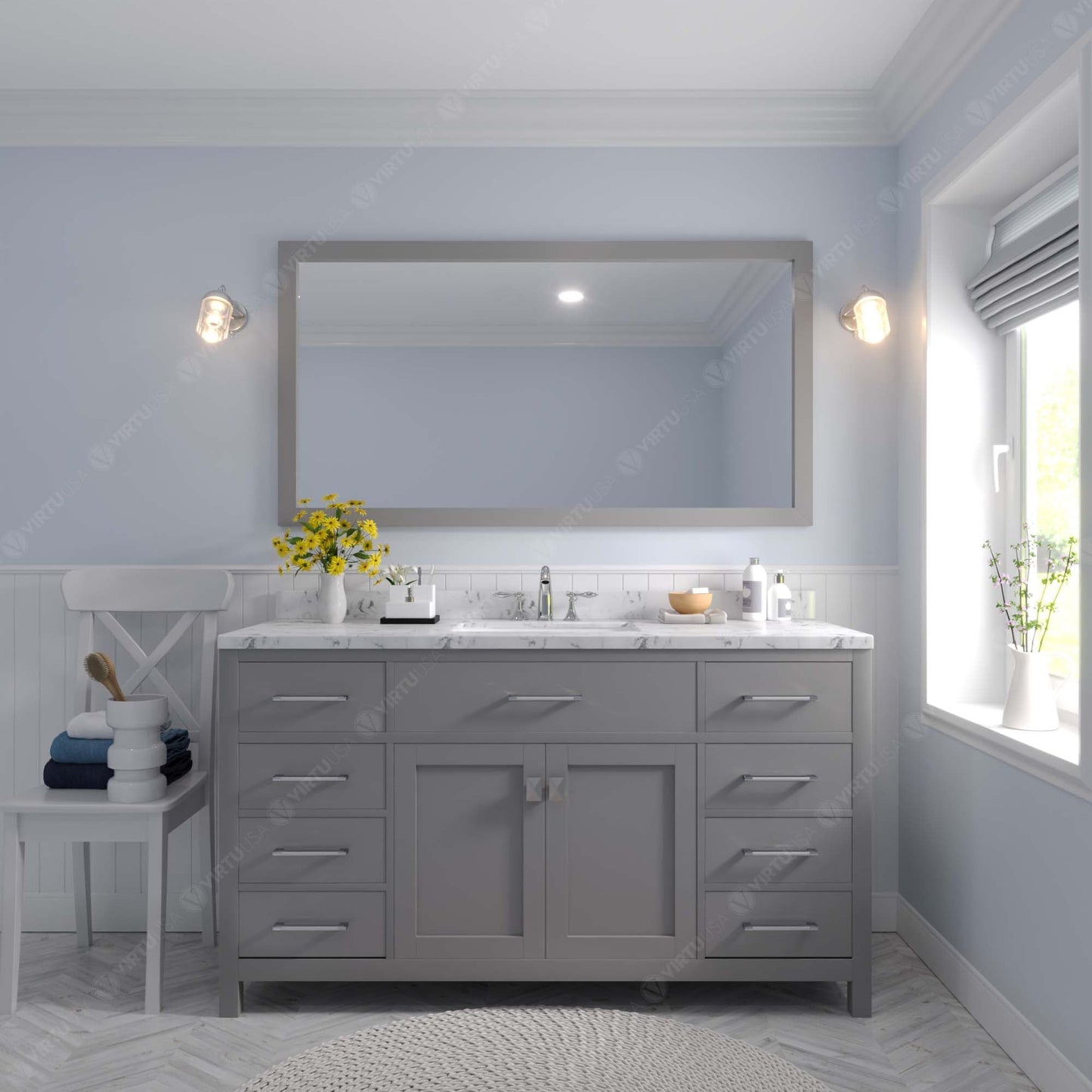 Caroline 60" Single Bath Vanity in Gray with Cultured Marble Quartz Top and Round Sink
