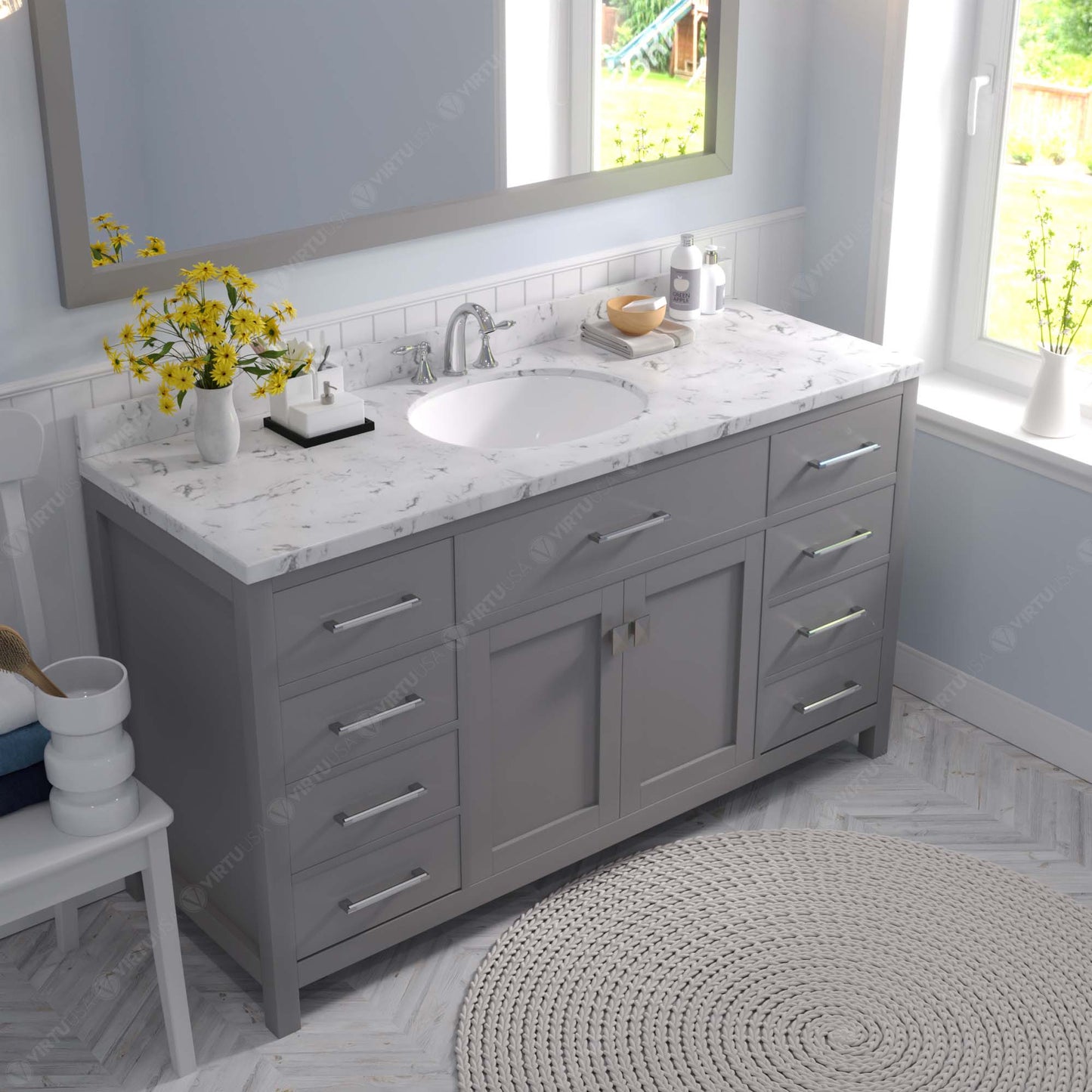 Caroline 60" Single Bath Vanity in Gray with Cultured Marble Quartz Top and Round Sink
