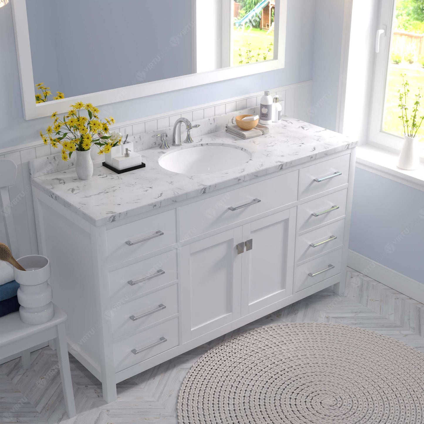 Caroline 60" Single Bath Vanity in White with Cultured Marble Quartz Top and Round Sink