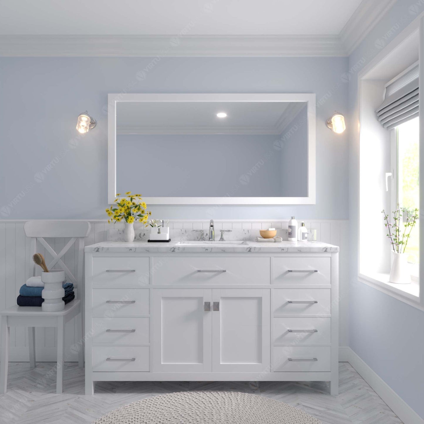 Caroline 60" Single Bath Vanity in White with Cultured Marble Quartz Top and Square Sink