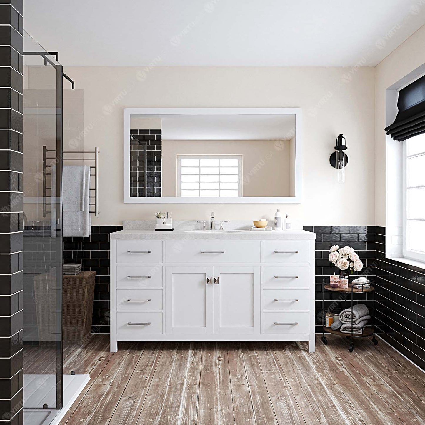 Caroline 60" Single Bath Vanity in White with White Quartz Top and Round Sink