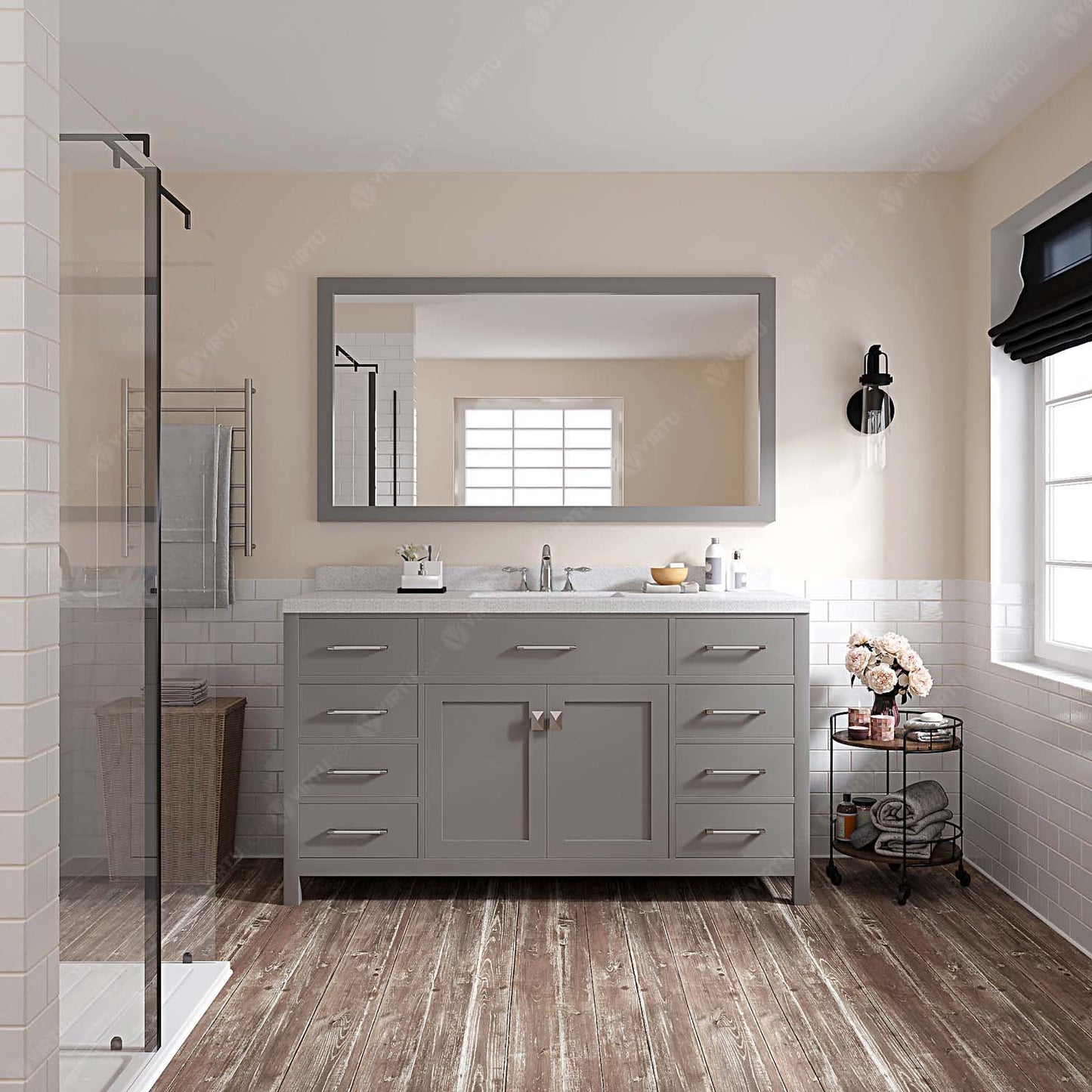 Caroline 60" Single Bath Vanity in Gray with White Quartz Top and Square Sink
