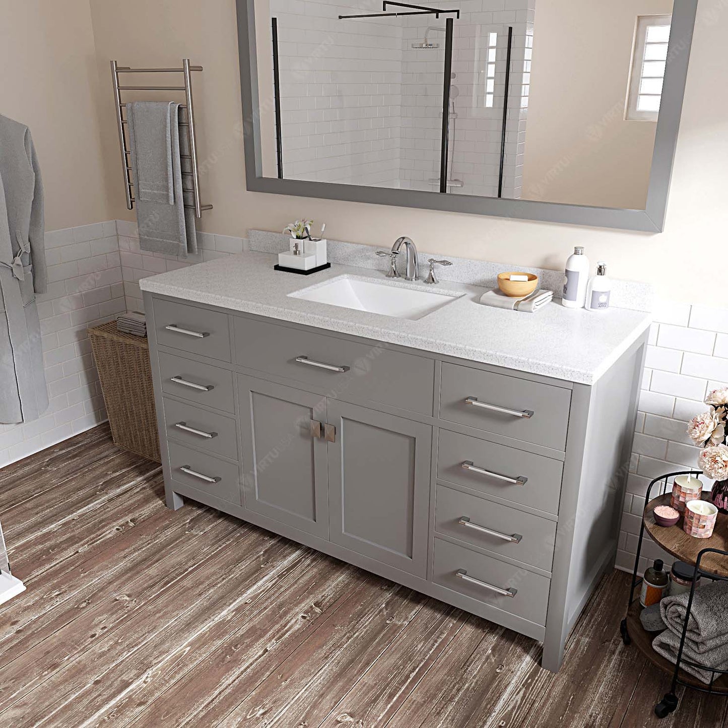 Caroline 60" Single Bath Vanity in Gray with White Quartz Top and Square Sink