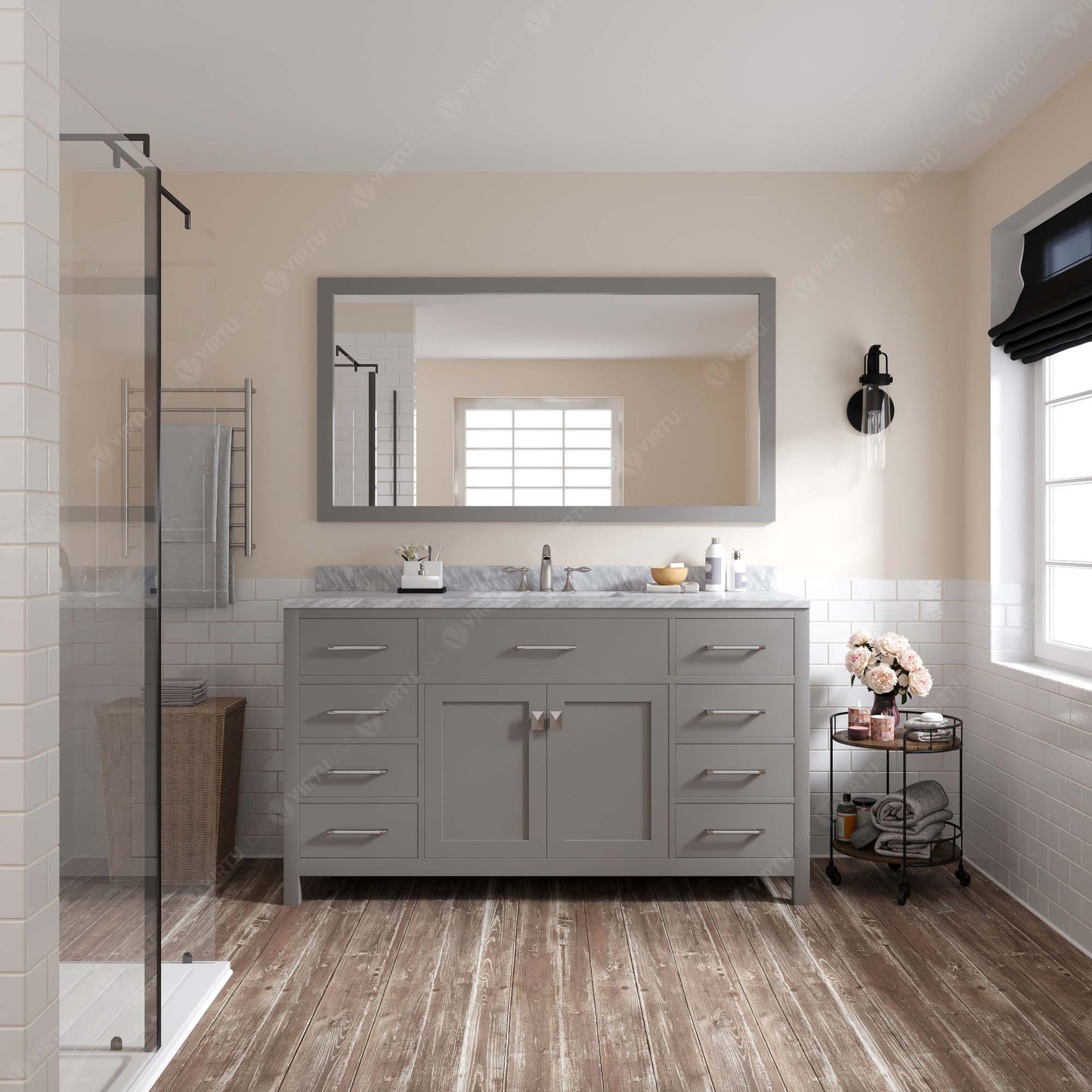 Caroline 60" Single Bath Vanity in Gray with White Marble Top and Square Sink