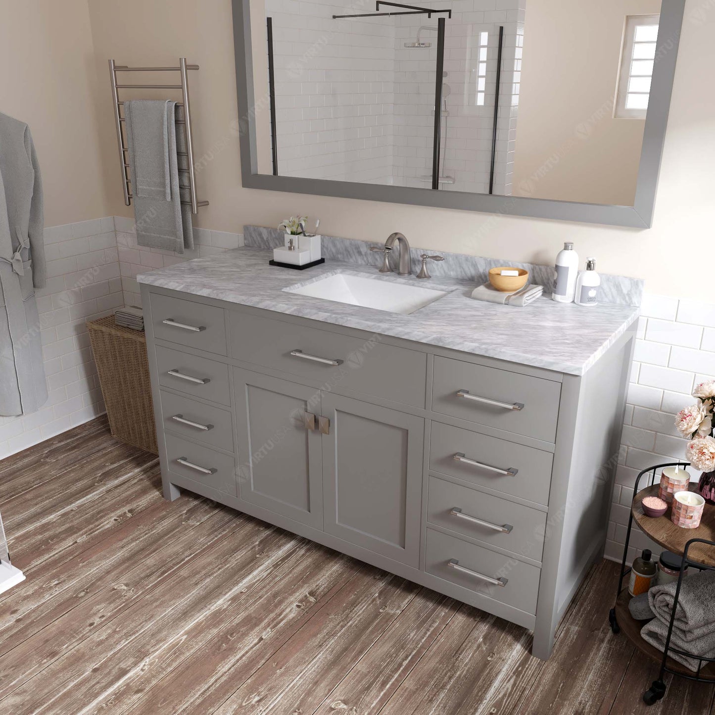 Caroline 60" Single Bath Vanity in Gray with White Marble Top and Square Sink