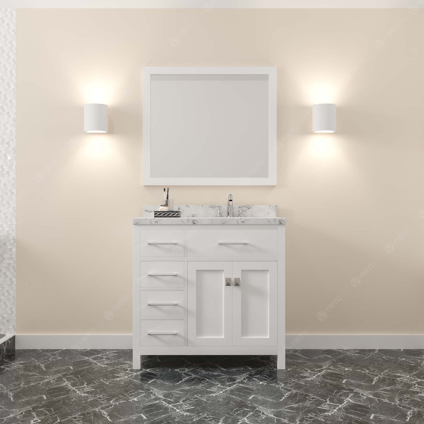 Caroline Parkway 36" Left Single Bath Vanity in White with Cultured Marble Quartz Top and Round Sink