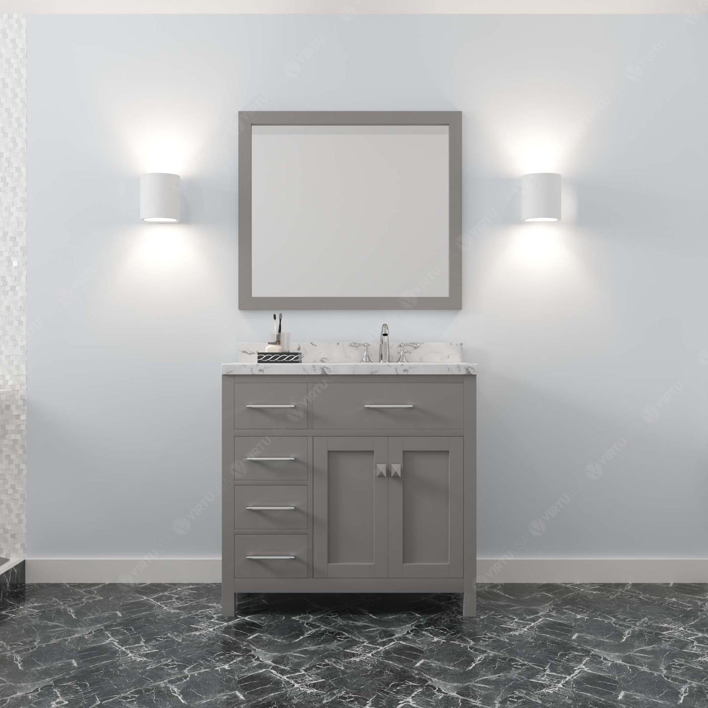 Caroline Parkway 36" Left Single Bath Vanity in Gray with Cultured Marble Quartz Top and Square Sink
