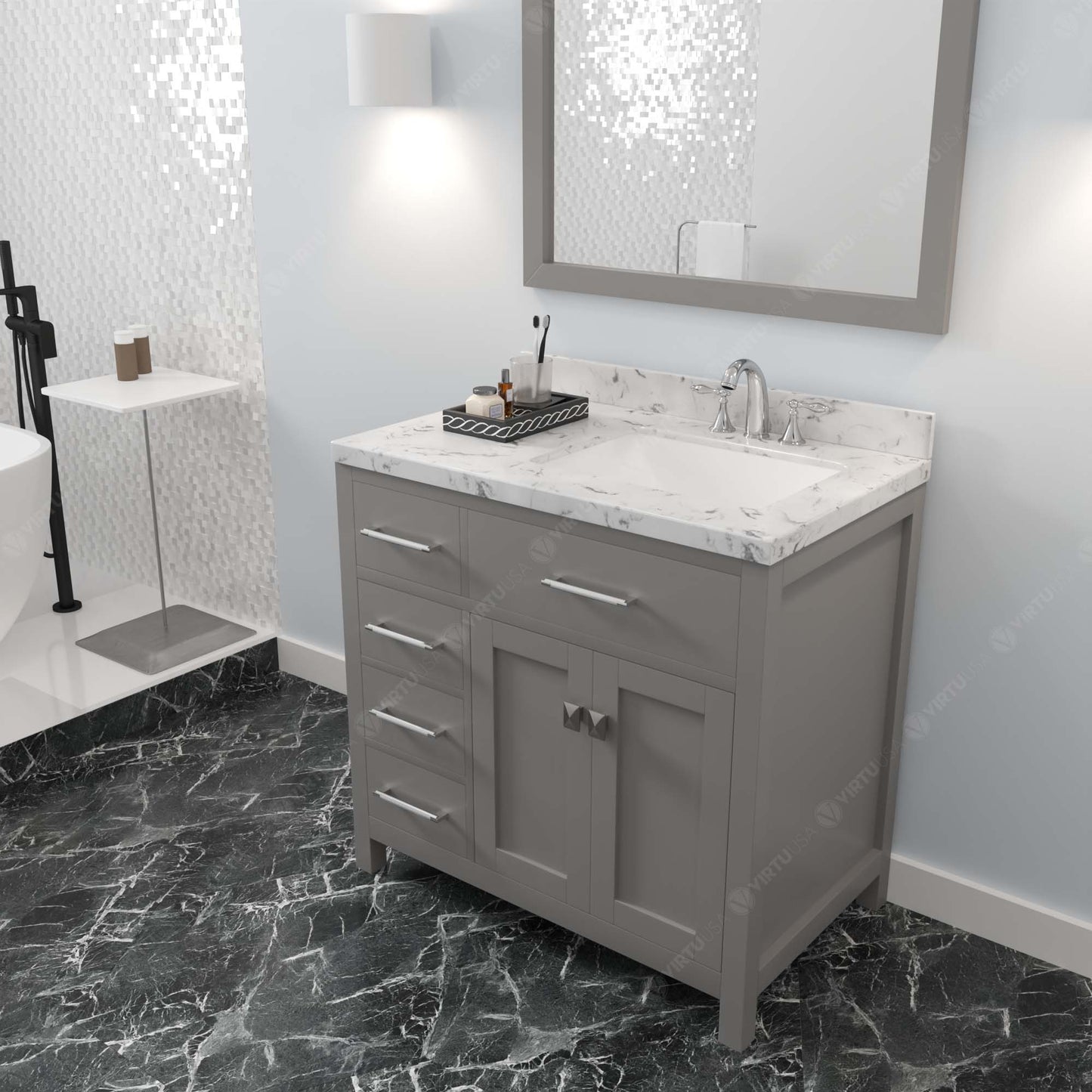 Caroline Parkway 36" Left Single Bath Vanity in Gray with Cultured Marble Quartz Top and Square Sink