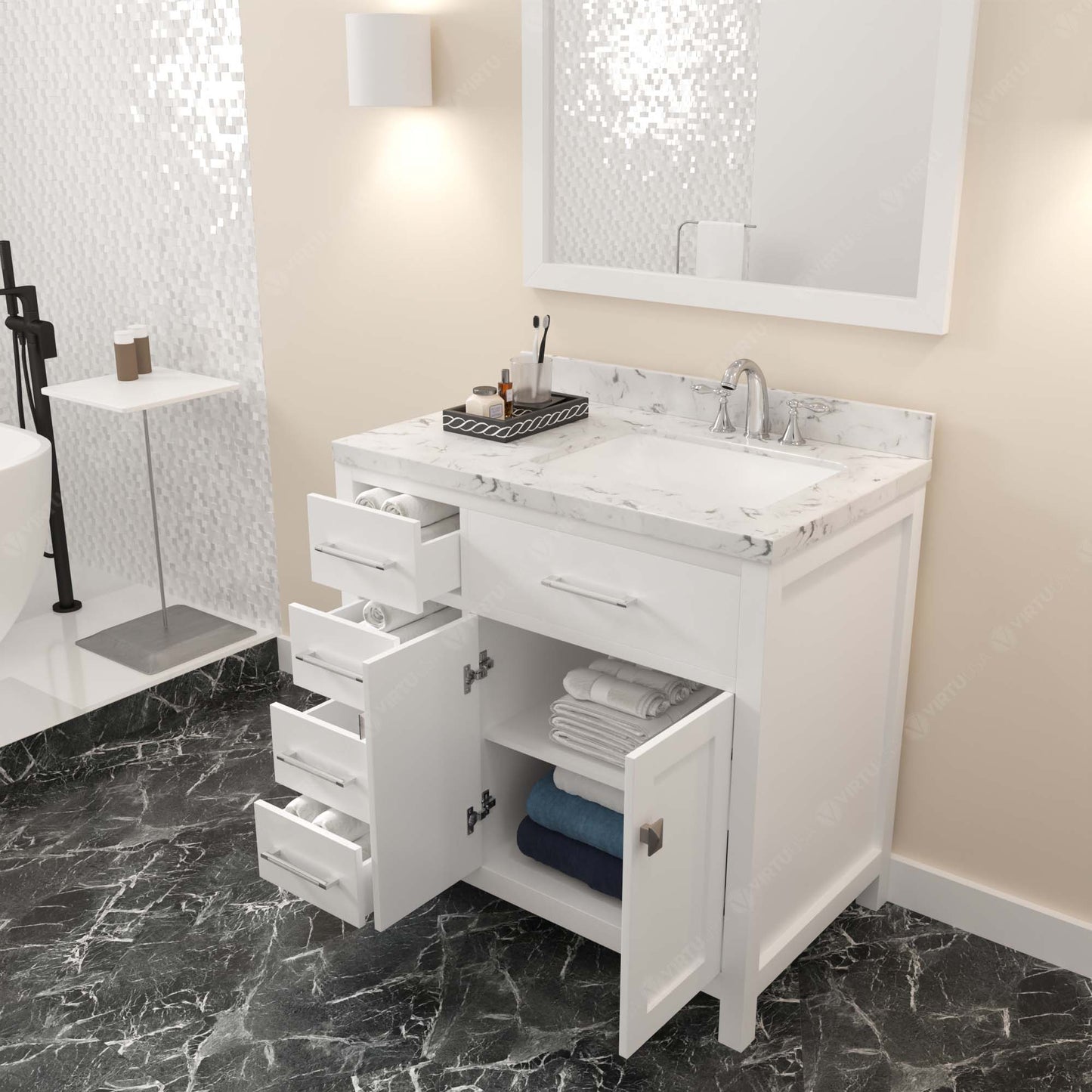 Caroline Parkway 36" Left Single Bath Vanity in White with Cultured Marble Quartz Top and Square Sink