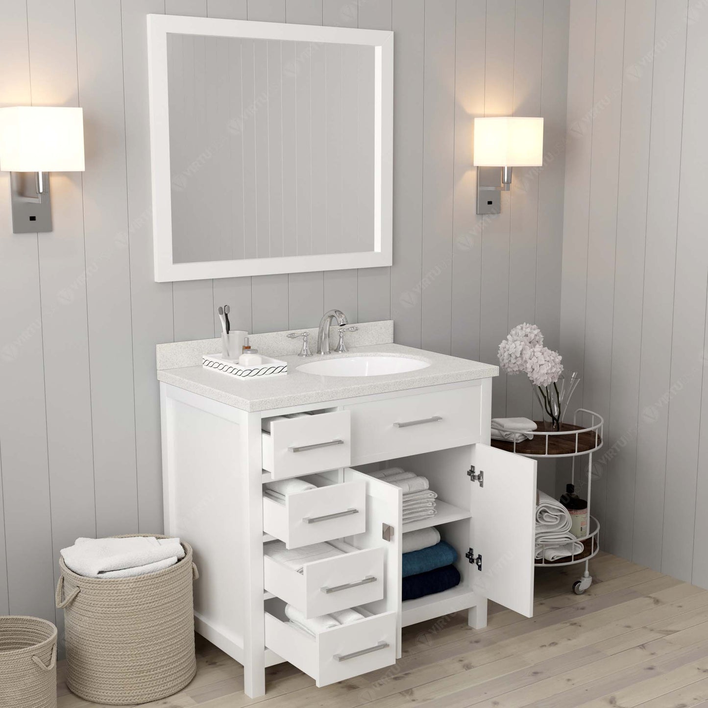 Caroline Parkway 36" Left Single Bath Vanity in White with White Quartz Top and Round Sink