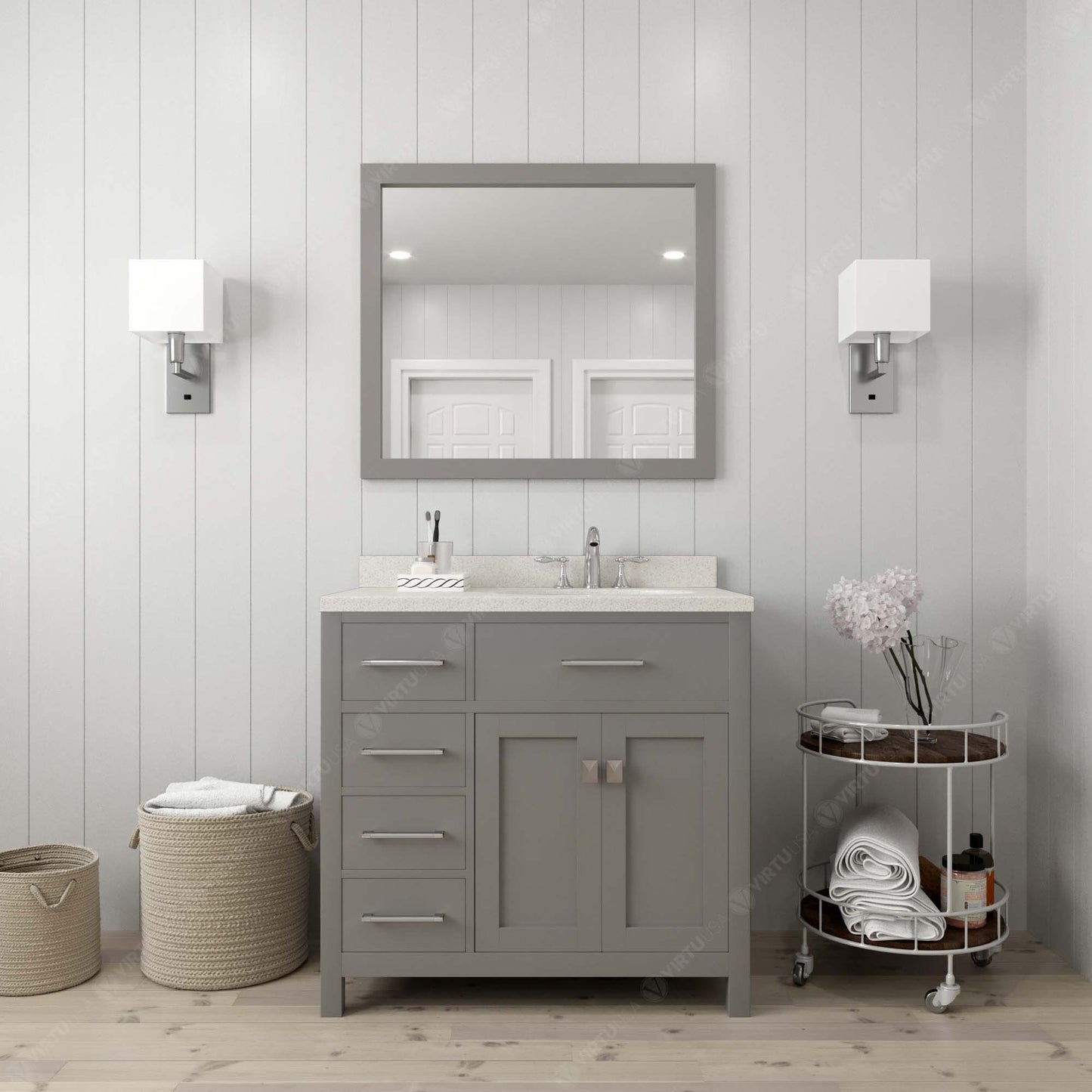 Caroline Parkway 36" Left Single Bath Vanity in Gray with White Quartz Top and Square Sink