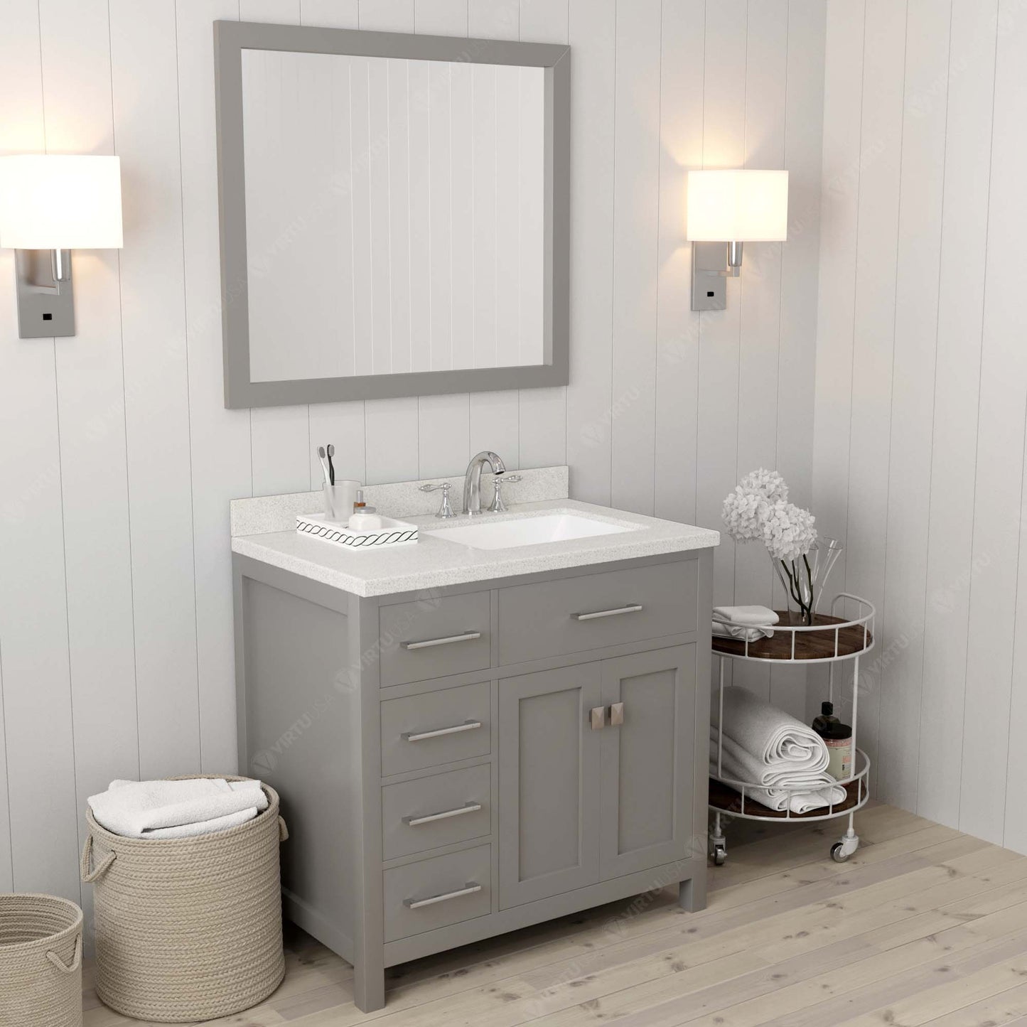 Caroline Parkway 36" Left Single Bath Vanity in Gray with White Quartz Top and Square Sink