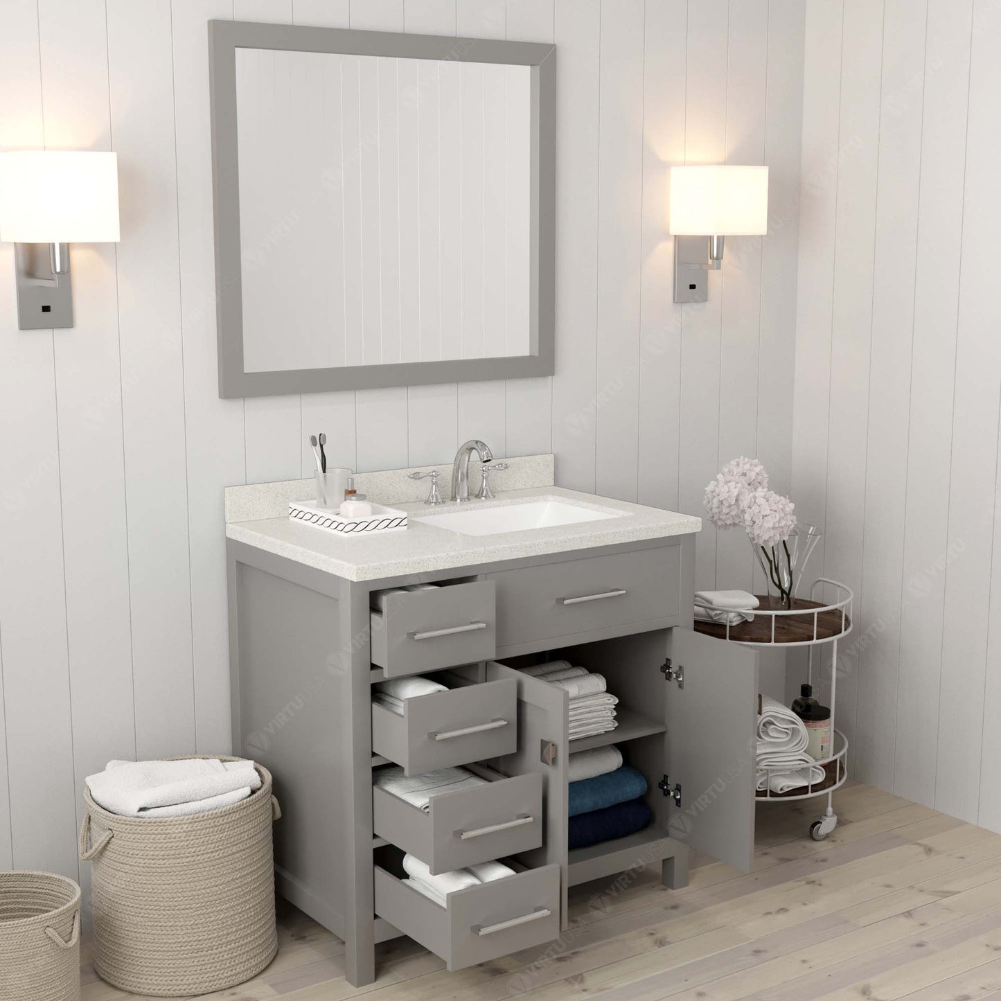 Caroline Parkway 36" Left Single Bath Vanity in Gray with White Quartz Top and Square Sink