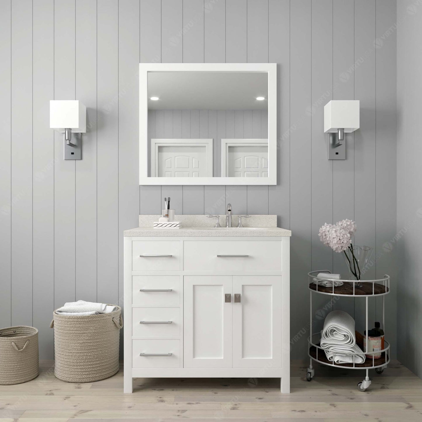 Caroline Parkway 36" Left Single Bath Vanity in White with White Quartz Top and Square Sink