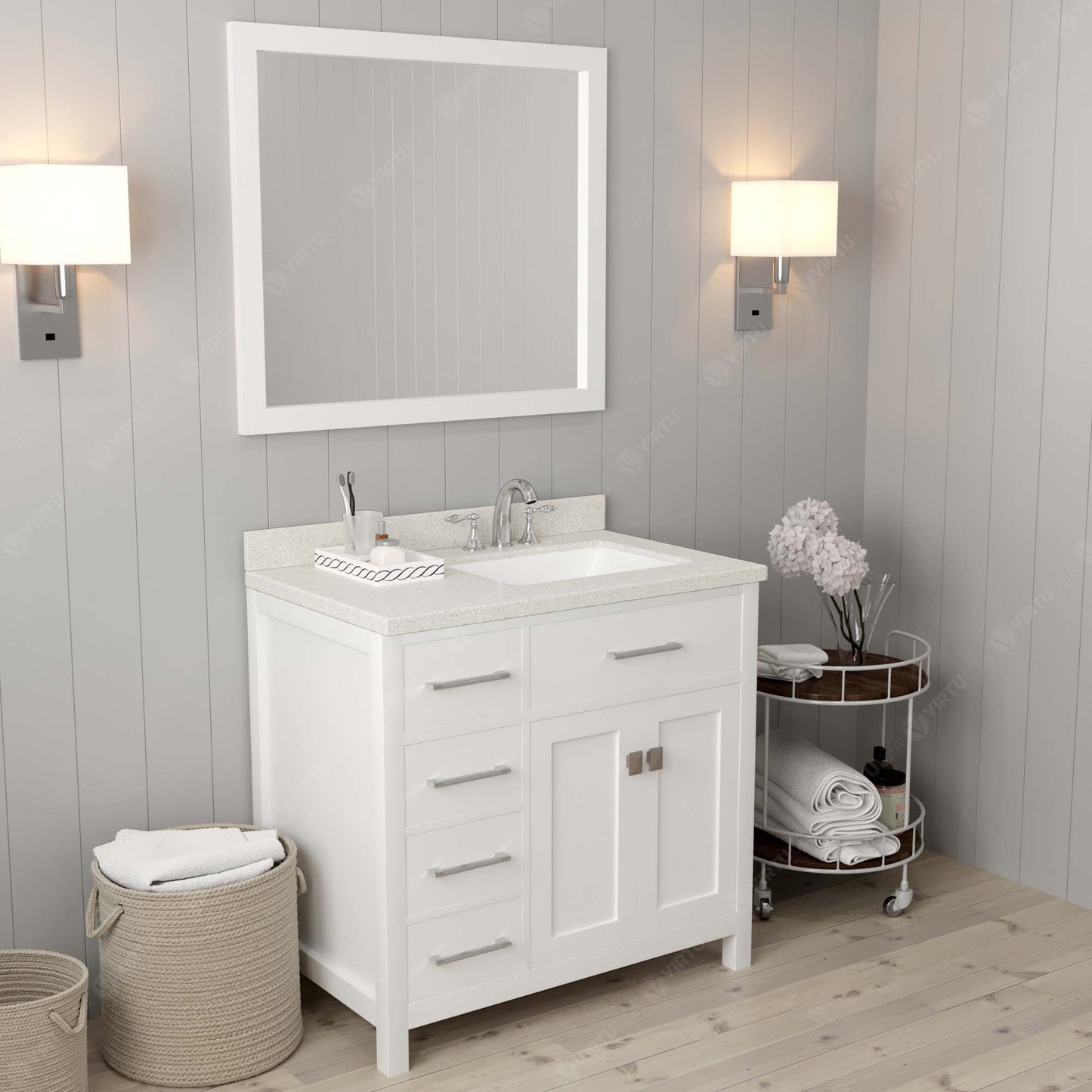 Caroline Parkway 36" Left Single Bath Vanity in White with White Quartz Top and Square Sink