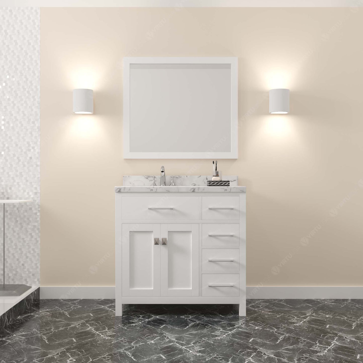 Caroline Parkway 36" Right Single Bath Vanity in White with Cultured Marble Quartz Top and Round Sink