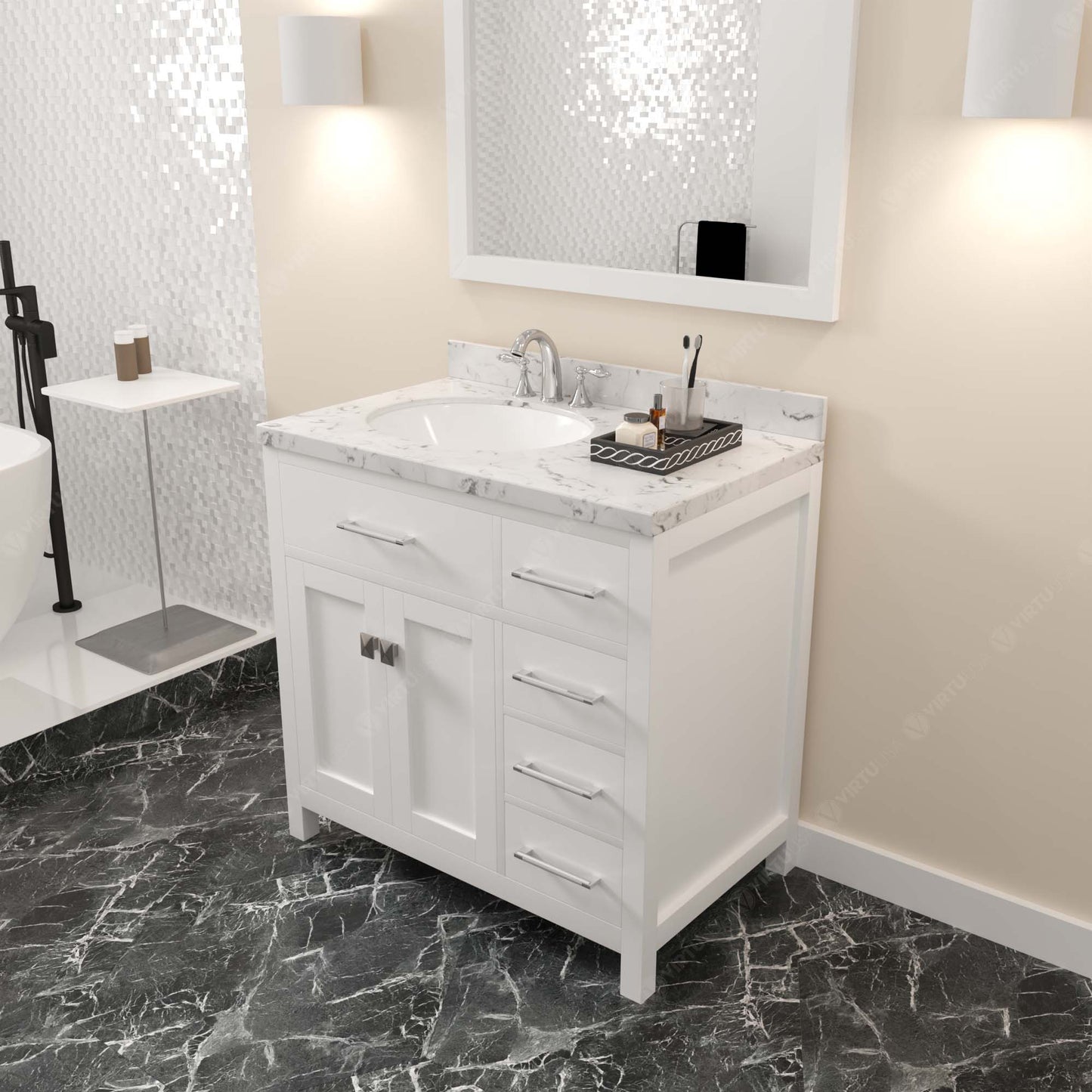 Caroline Parkway 36" Right Single Bath Vanity in White with Cultured Marble Quartz Top and Round Sink