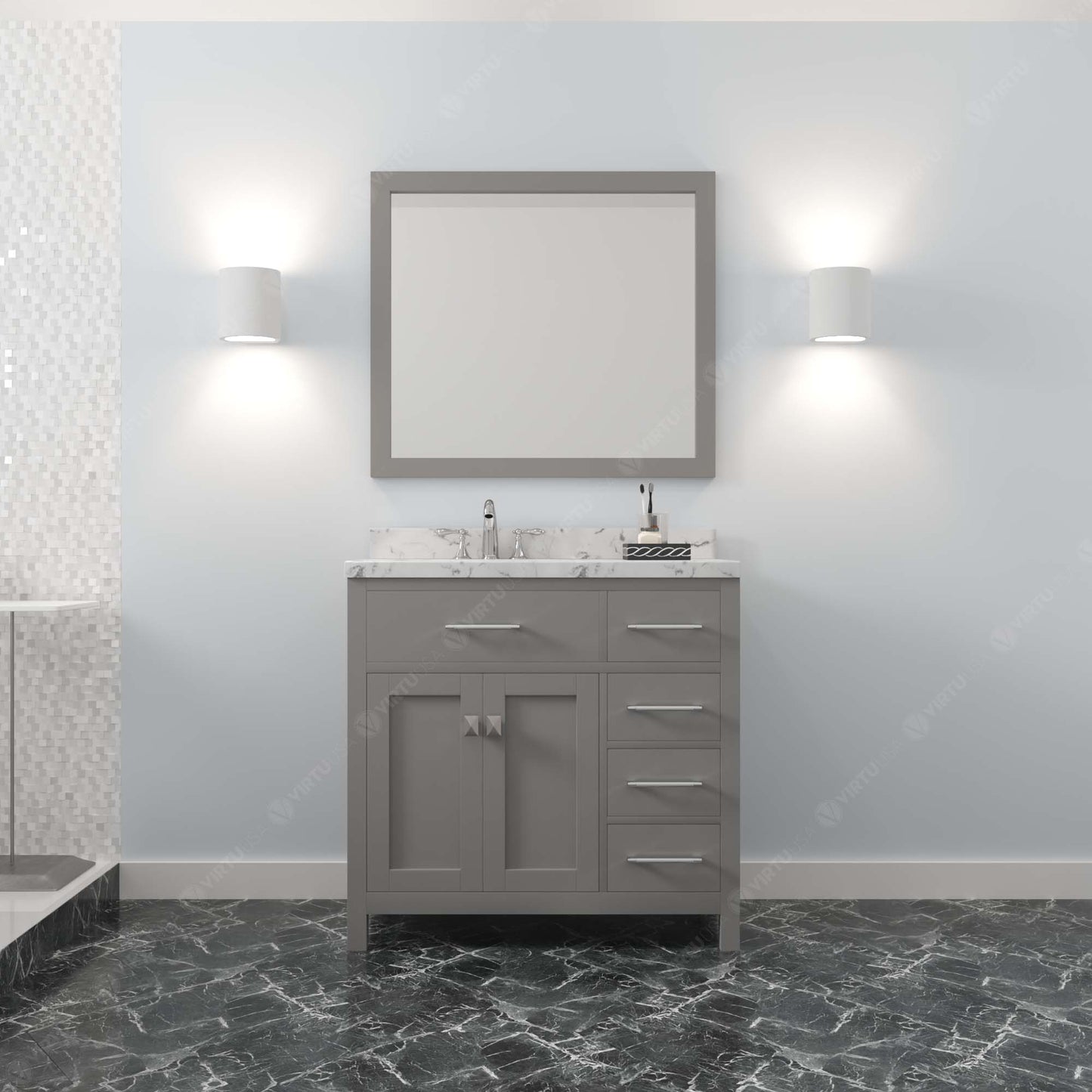Caroline Parkway 36" Single Bath Vanity in Gray with Cultured Marble Quartz Top and Square Sink