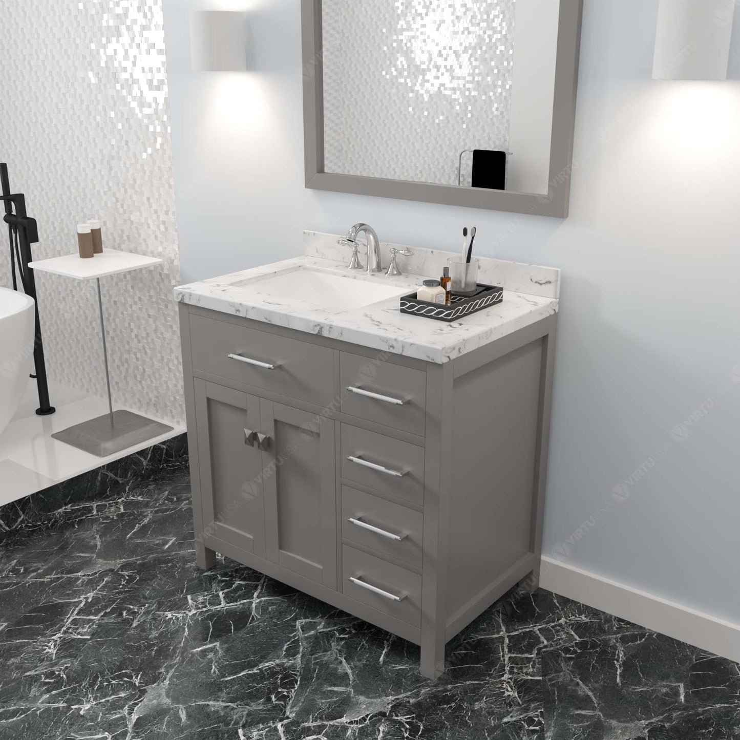 Caroline Parkway 36" Single Bath Vanity in Gray with Cultured Marble Quartz Top and Square Sink