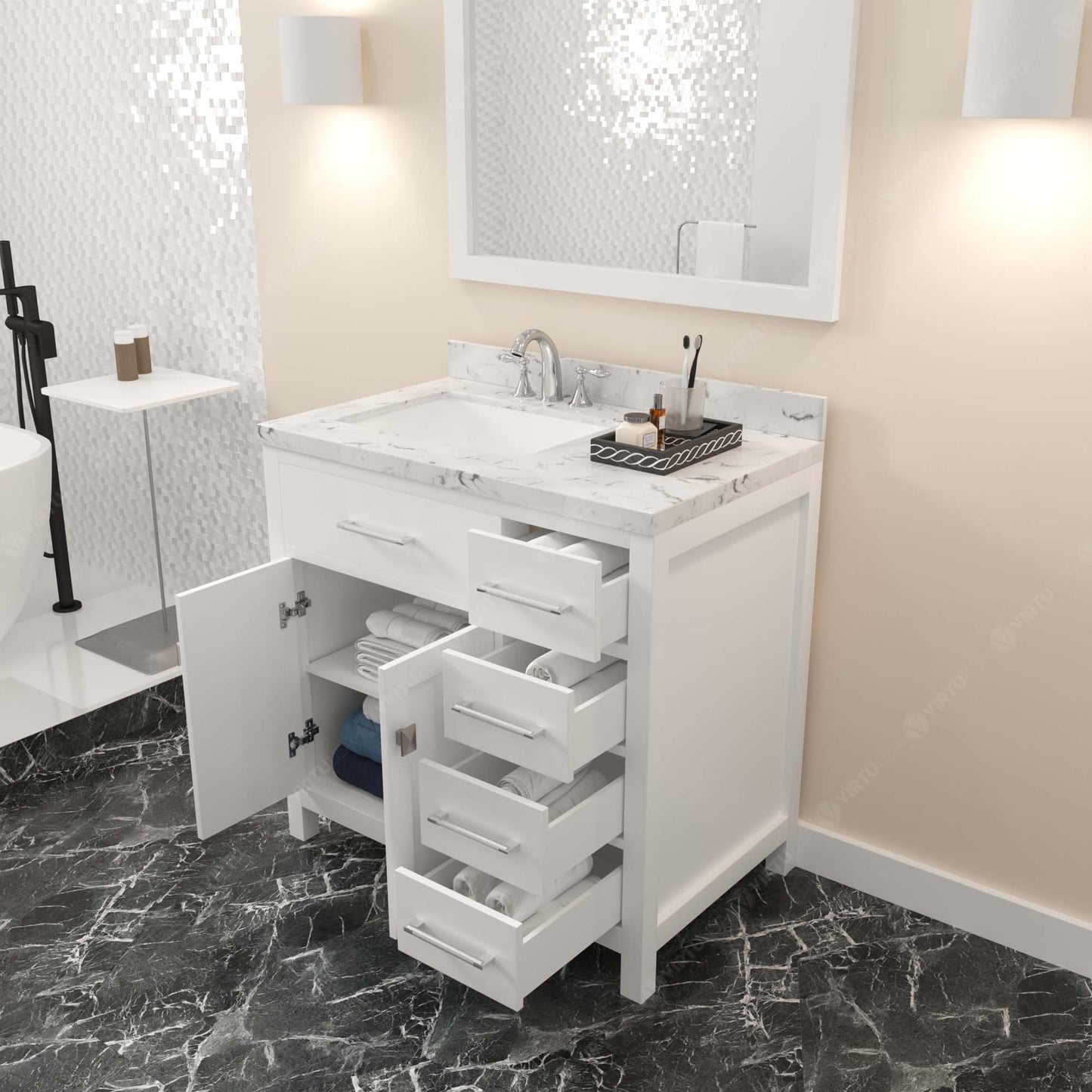 Caroline Parkway 36" Right Single Bath Vanity in White with Cultured Marble Quartz Top and Square Sink
