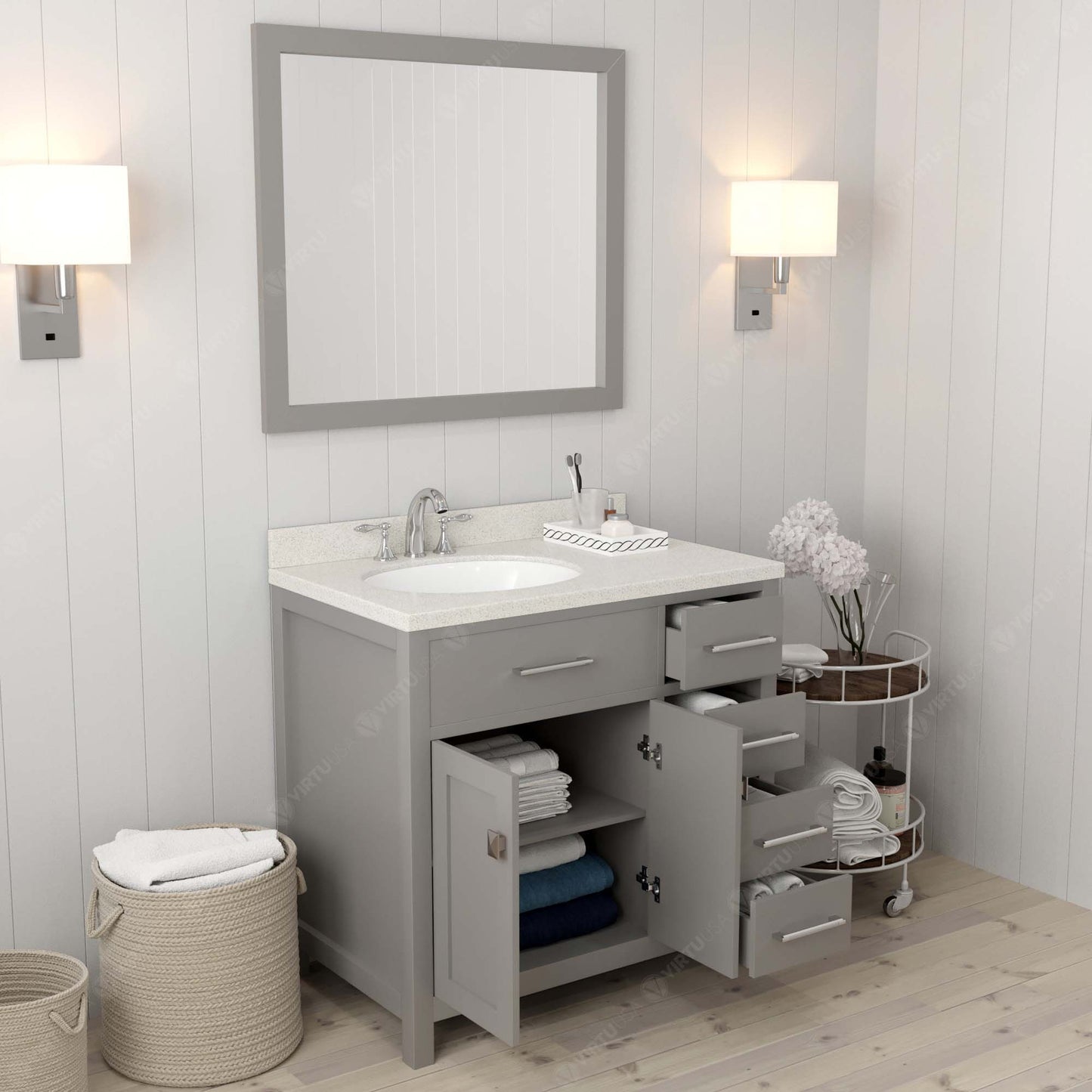 Caroline Parkway 36" Right Single Bath Vanity in Gray with White Quartz Top and Round Sink