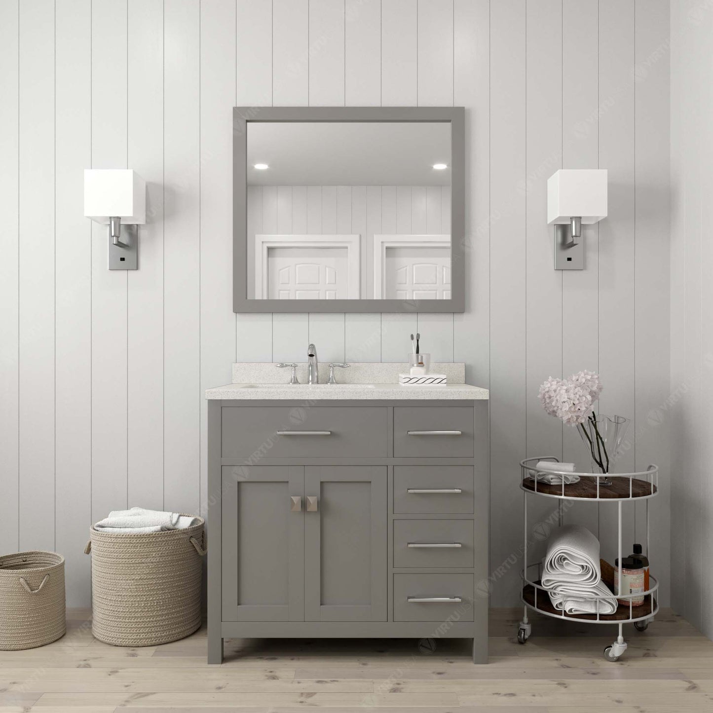 Caroline Parkway 36" Right Single Bath Vanity in Gray with White Quartz Top and Square Sink