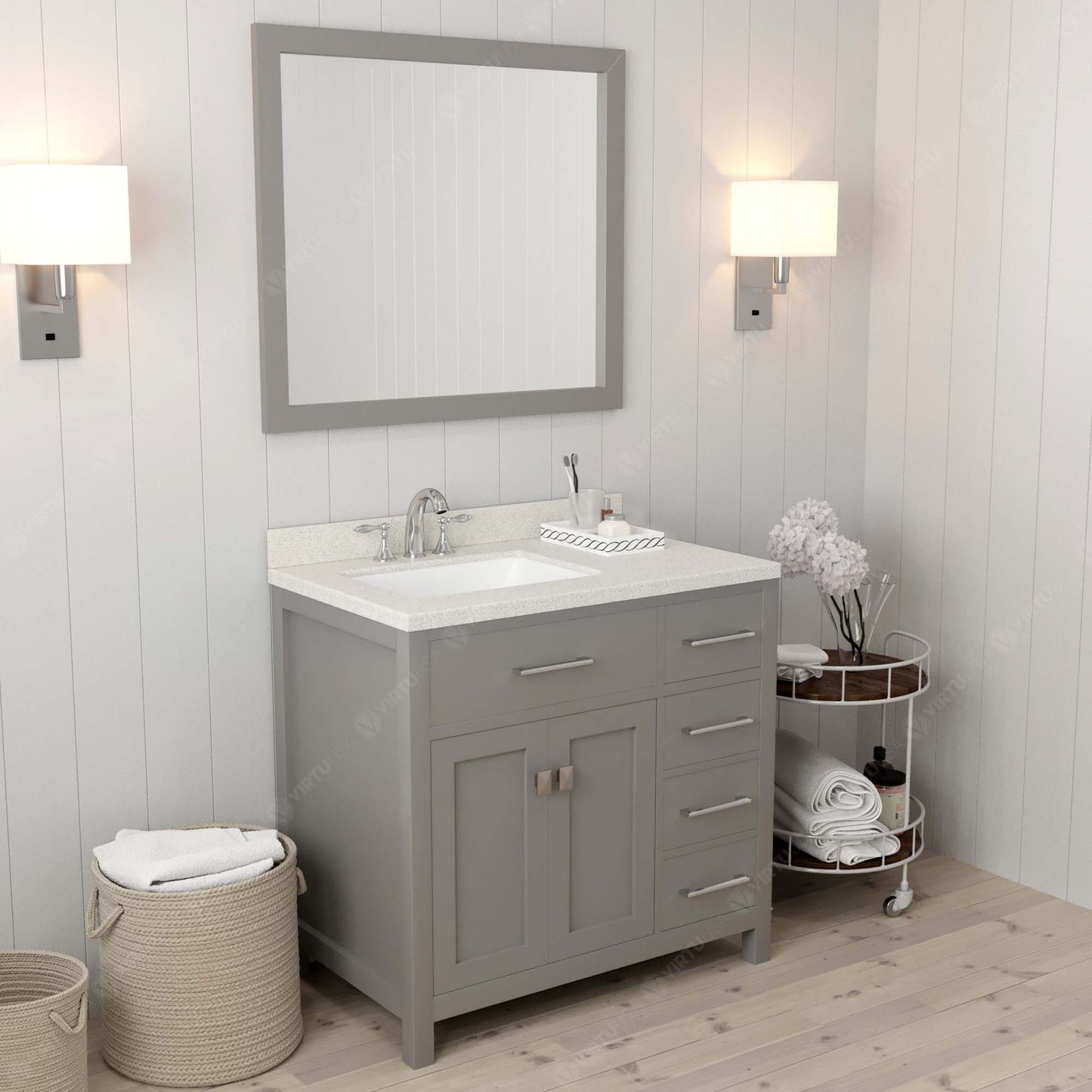 Caroline Parkway 36" Right Single Bath Vanity in Gray with White Quartz Top and Square Sink