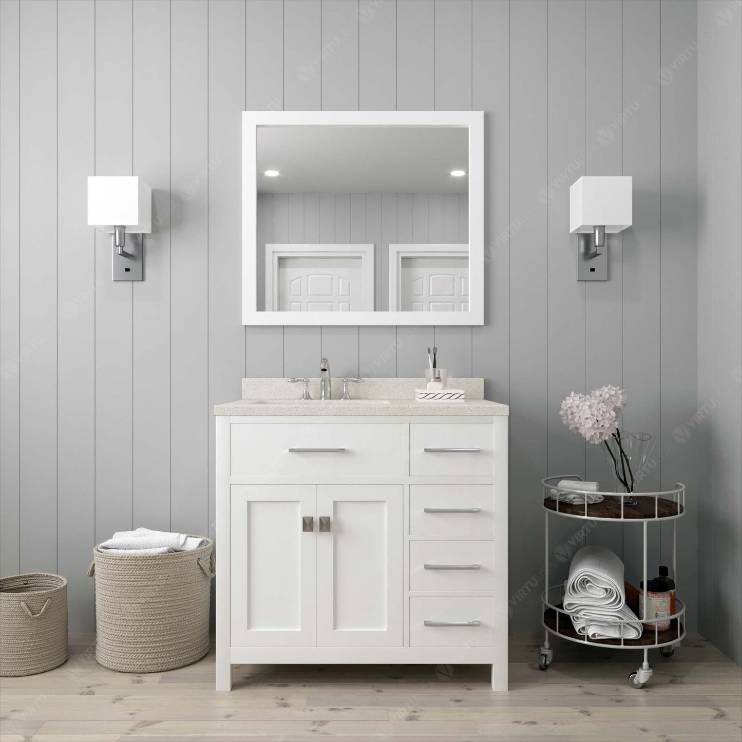 Caroline Parkway 36" Right Single Bath Vanity in White with White Quartz Top and Square Sink