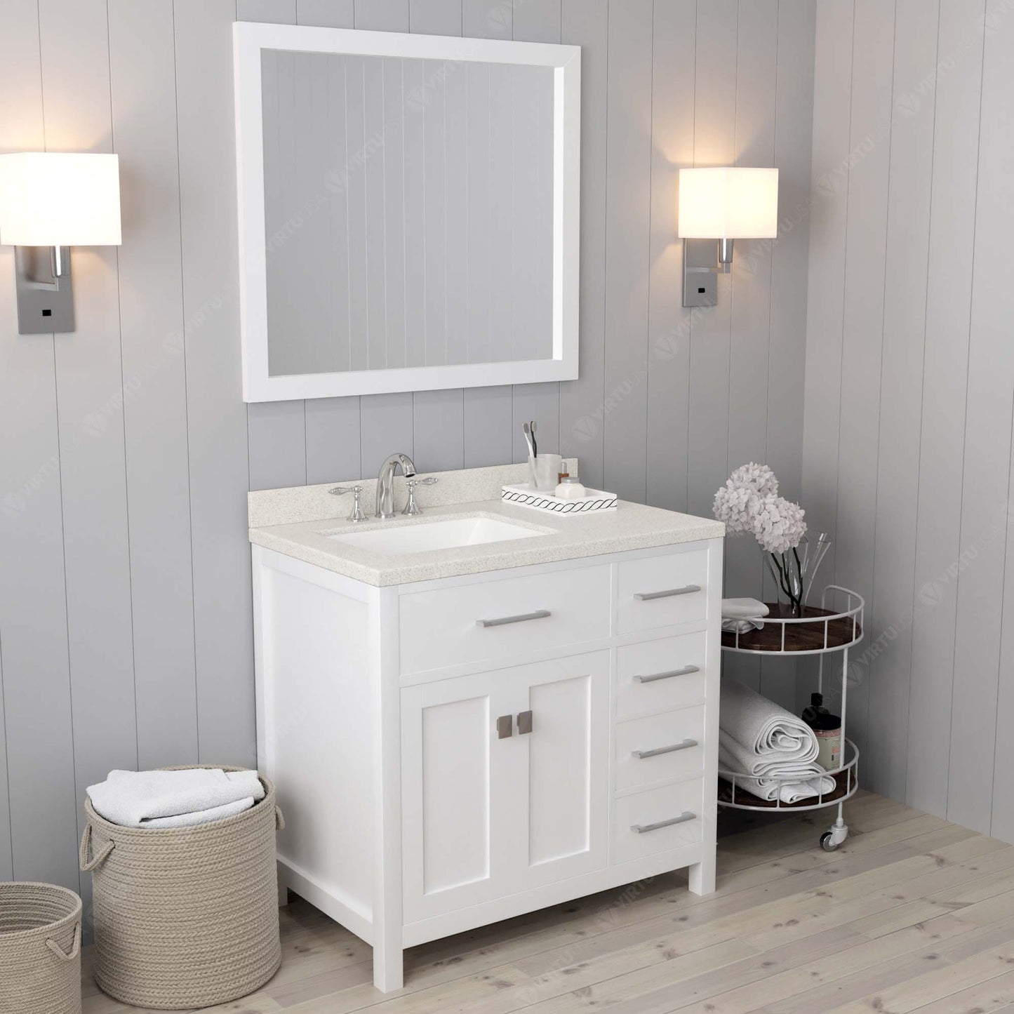 Caroline Parkway 36" Right Single Bath Vanity in White with White Quartz Top and Square Sink