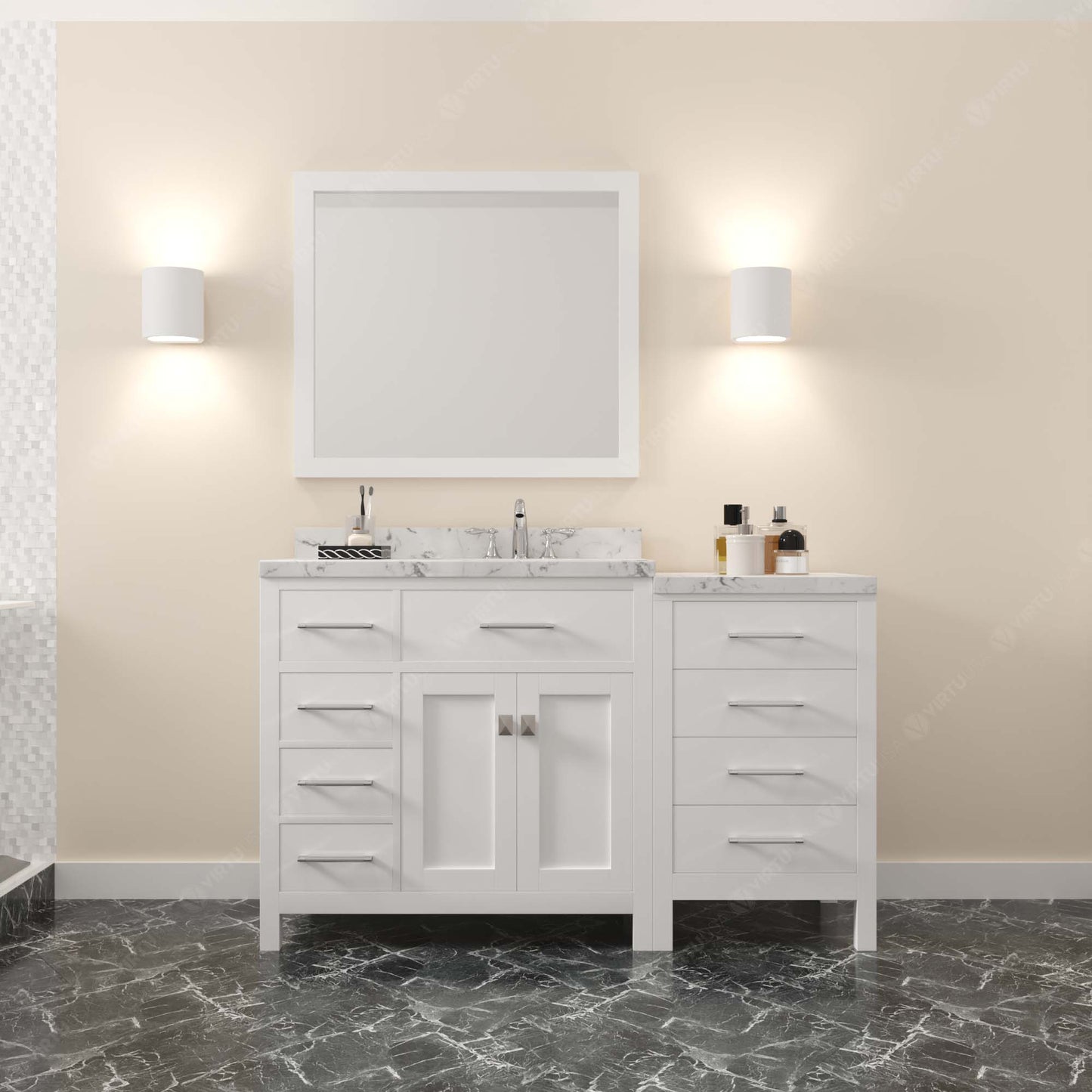 Caroline Parkway 57" Left Single Bath Vanity in White with Cultured Marble Quartz Top and Round Sink