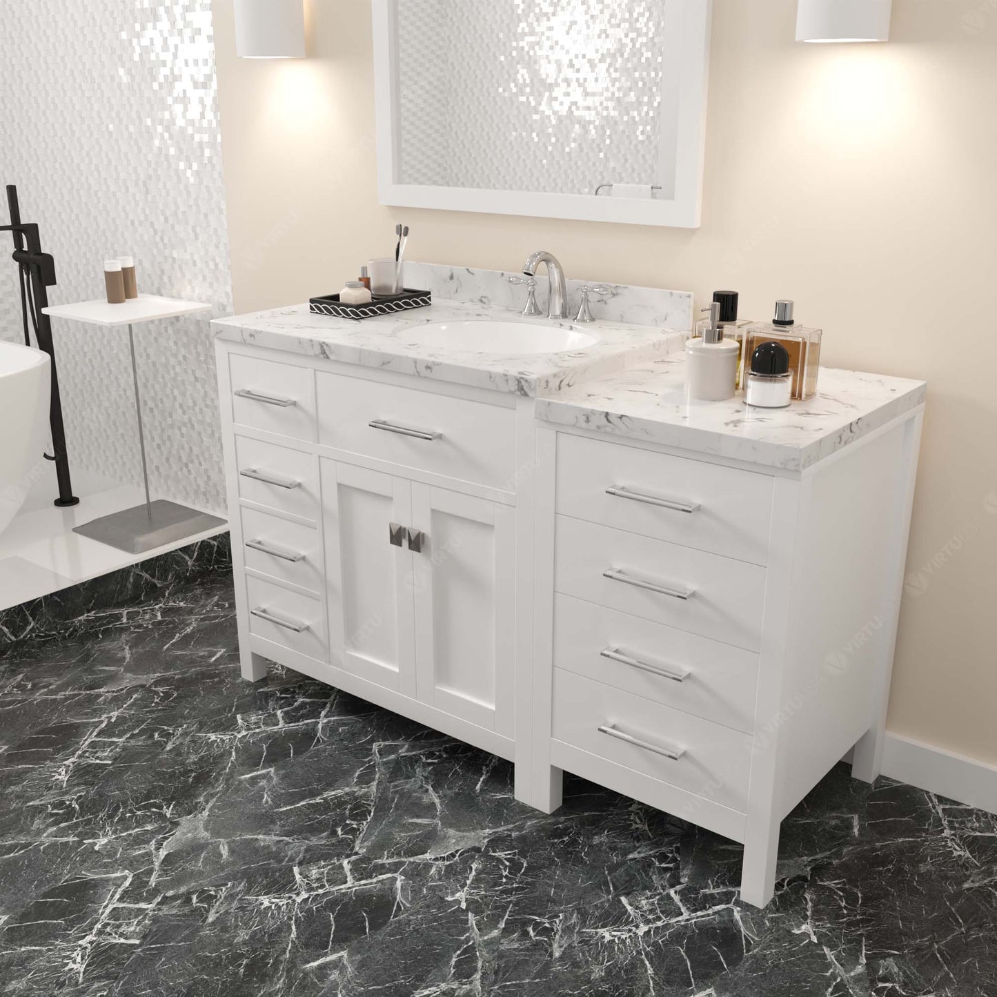 Caroline Parkway 57" Left Single Bath Vanity in White with Cultured Marble Quartz Top and Round Sink