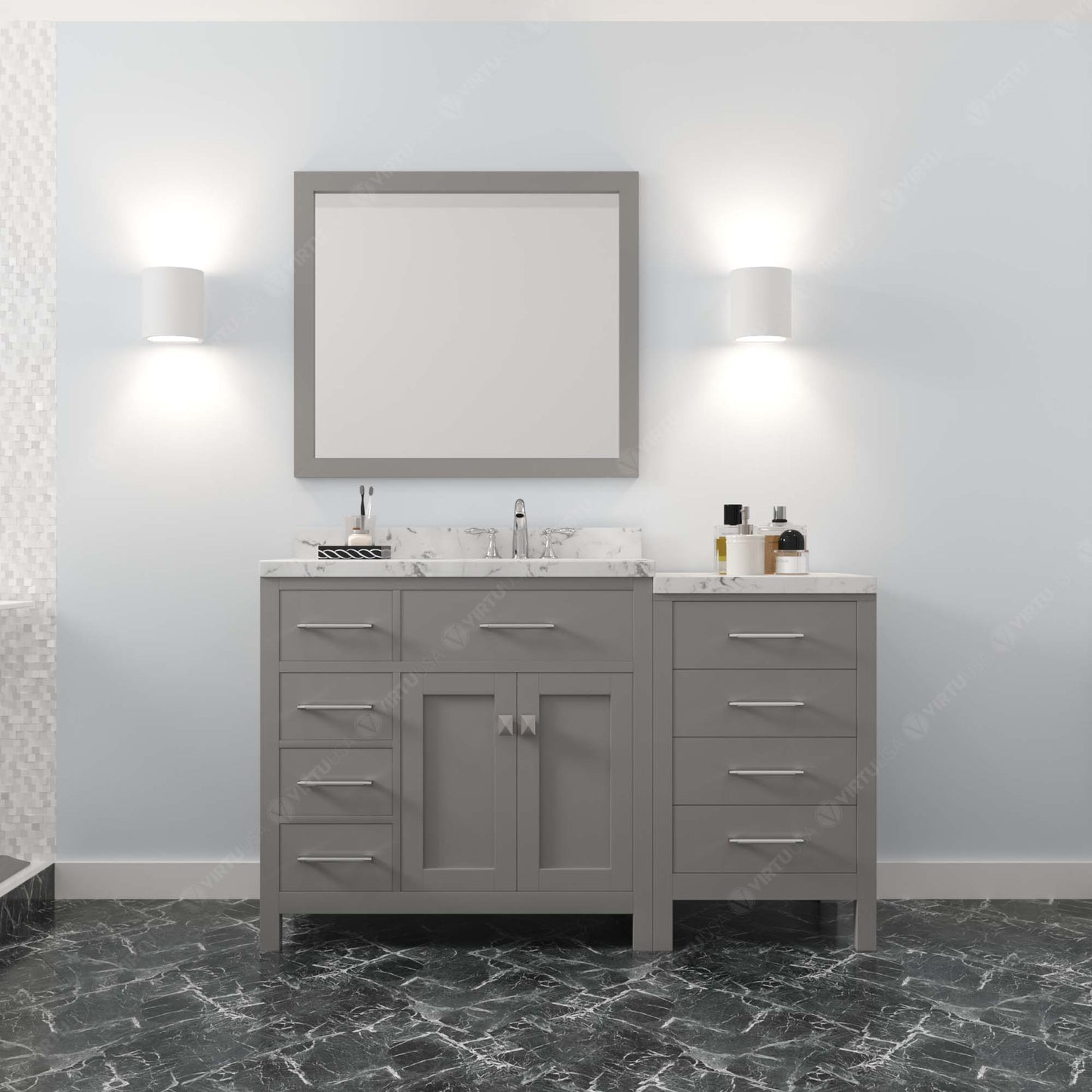 Caroline Parkway 57" Left Single Bath Vanity in Gray with Cultured Marble Quartz Top and Square Sink