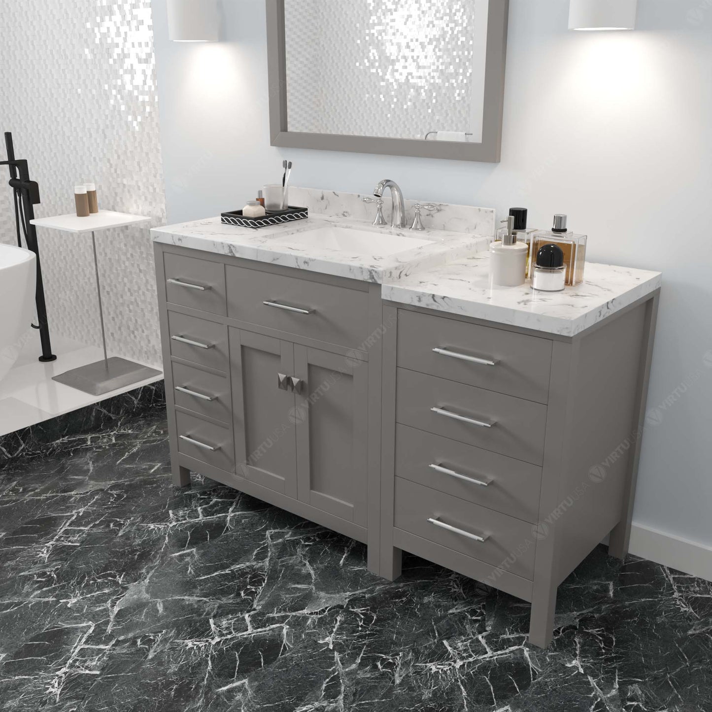 Caroline Parkway 57" Left Single Bath Vanity in Gray with Cultured Marble Quartz Top and Square Sink
