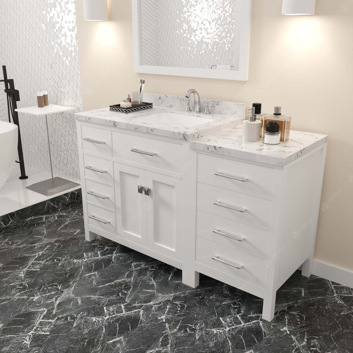 Caroline Parkway 57" Left Single Bath Vanity in White with Cultured Marble Quartz Top and Square Sink