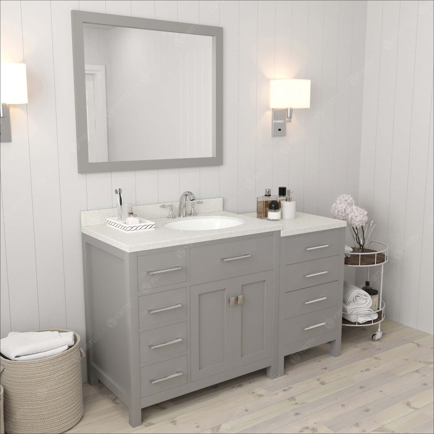 Caroline Parkway 57" Left Single Bath Vanity in Gray with White Quartz Top and Round Sink