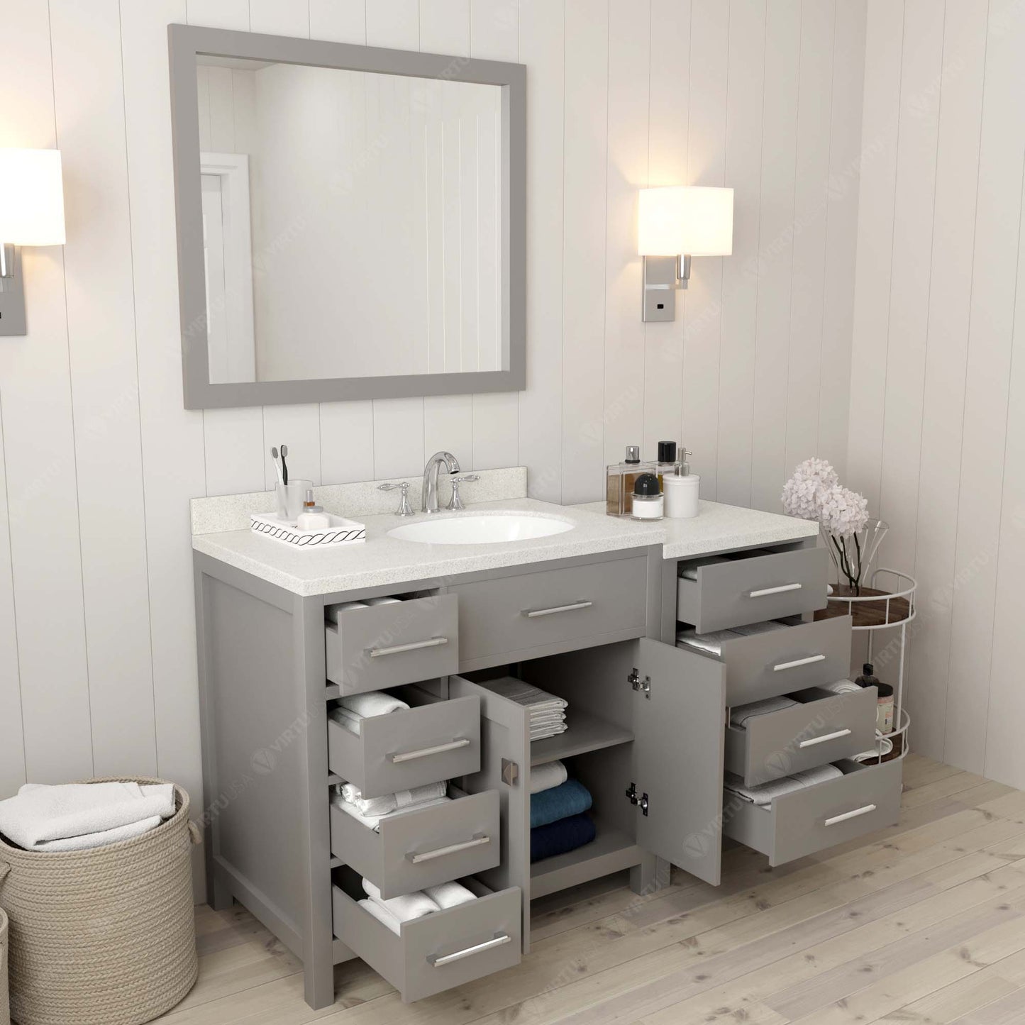 Caroline Parkway 57" Left Single Bath Vanity in Gray with White Quartz Top and Round Sink