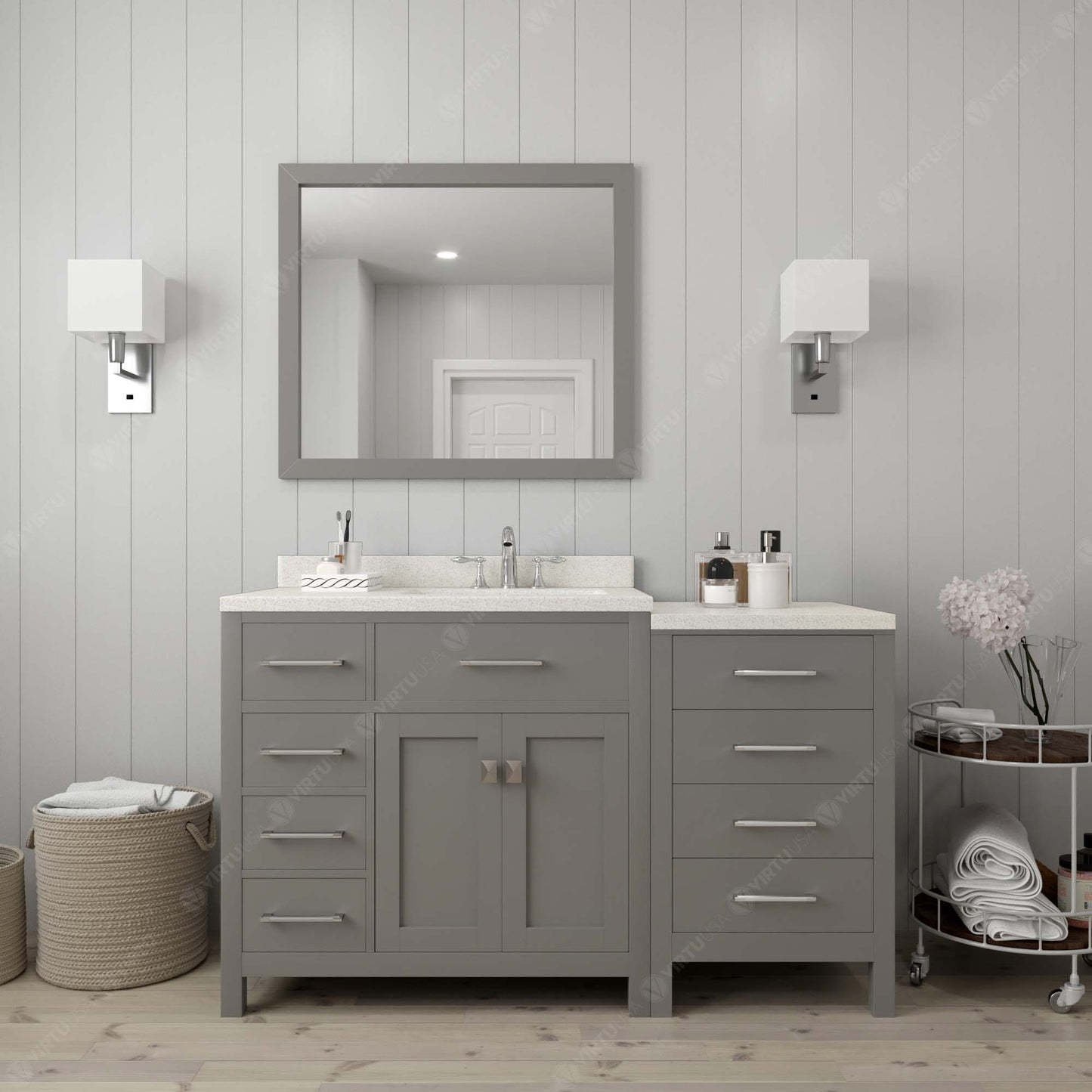 Caroline Parkway 57" Left Single Bath Vanity in Gray with White Quartz Top and Square Sink