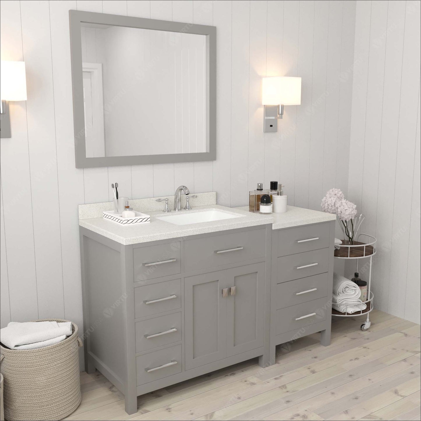 Caroline Parkway 57" Left Single Bath Vanity in Gray with White Quartz Top and Square Sink