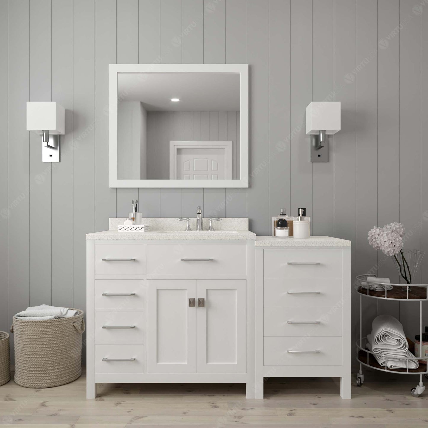 Caroline Parkway 57" Left Single Bath Vanity in White with White Quartz Top and Square Sink