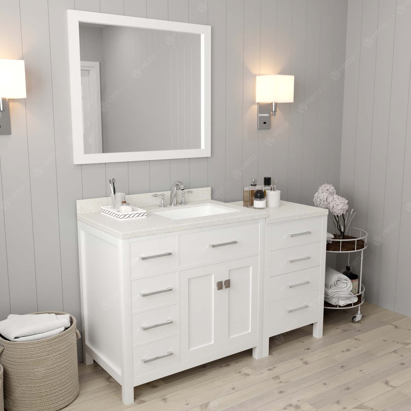 Caroline Parkway 57" Left Single Bath Vanity in White with White Quartz Top and Square Sink