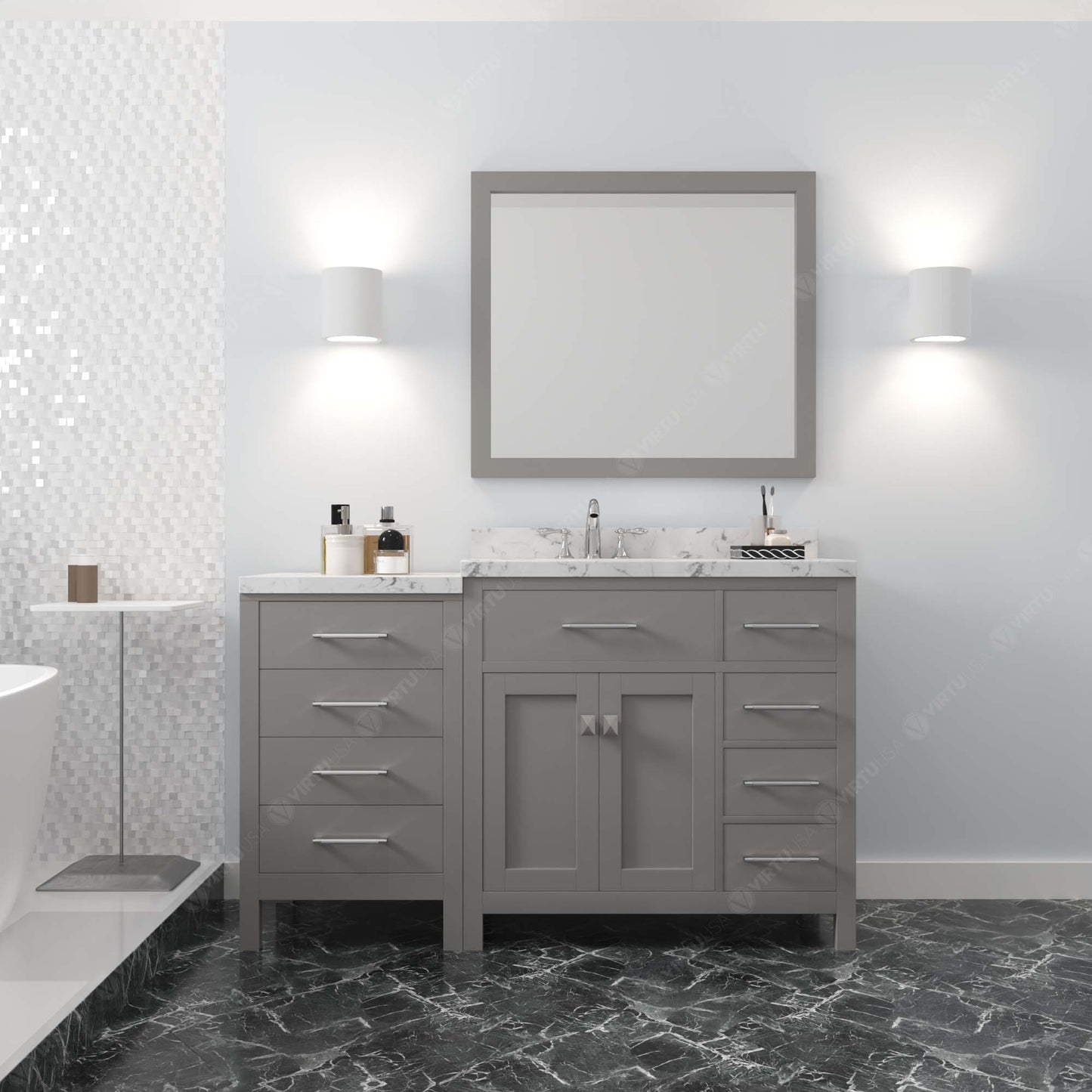 Caroline Parkway 57" Right Single Bath Vanity in Gray with Cultured Marble Quartz Top and Round Sink