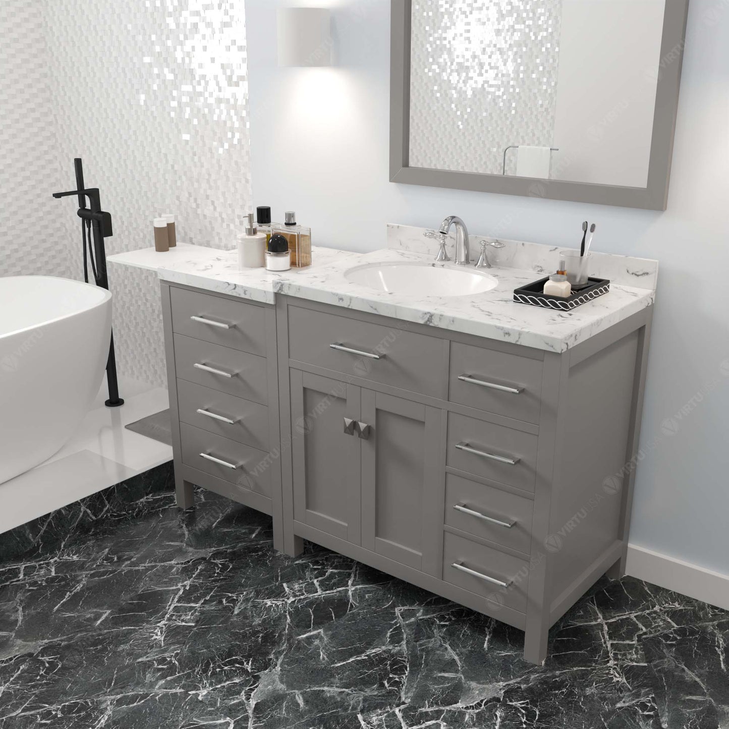 Caroline Parkway 57" Right Single Bath Vanity in Gray with Cultured Marble Quartz Top and Round Sink
