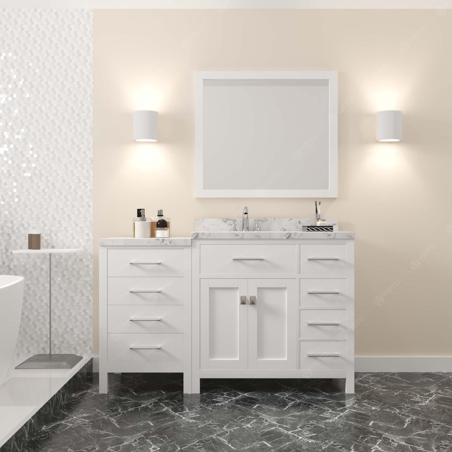 Caroline Parkway 57" Right Single Bath Vanity in White with Cultured Marble Quartz Top and Round Sink