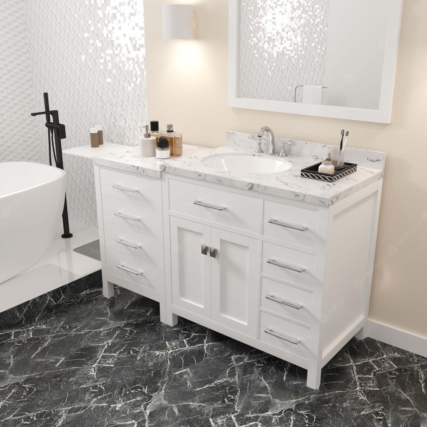 Caroline Parkway 57" Right Single Bath Vanity in White with Cultured Marble Quartz Top and Round Sink