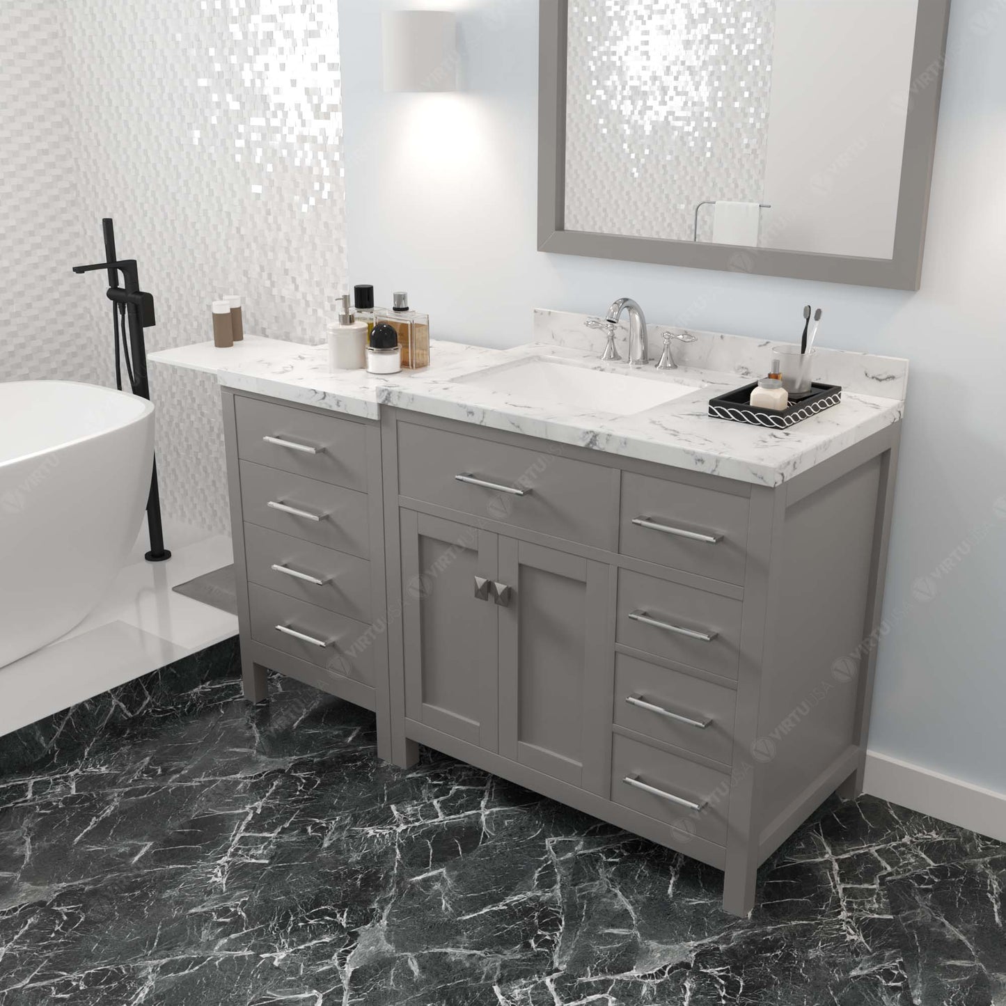 Caroline Parkway 57" Right Single Bath Vanity in Gray with Cultured Marble Quartz Top and Square Sink